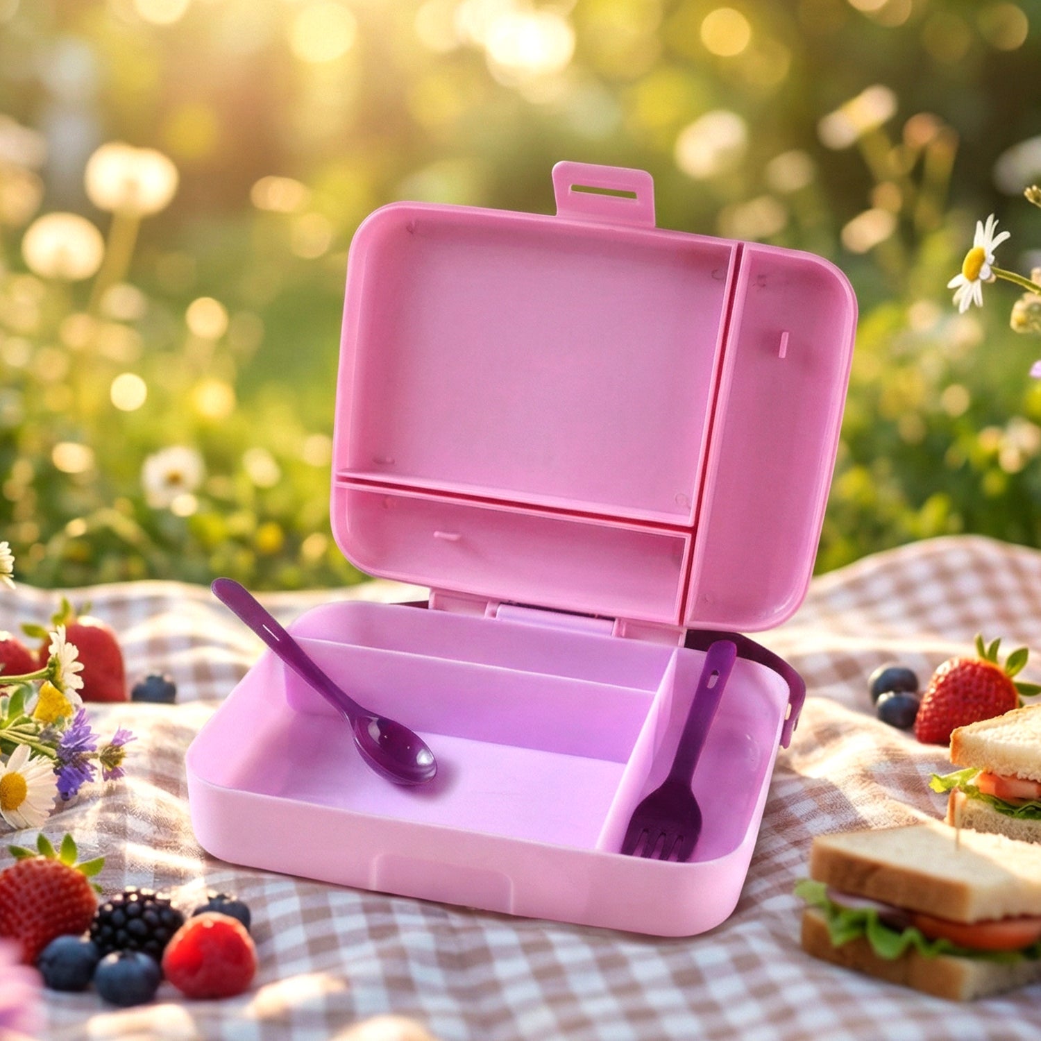 Smart Leak Proof Lunch Box with 3 Compartments and Spoon Set (1 Set)