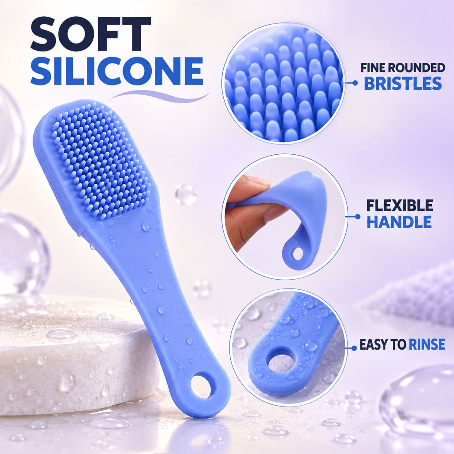 A blue silicone brush with fine rounded bristles, a flexible handle, and a hanging loop, shown with water droplets.