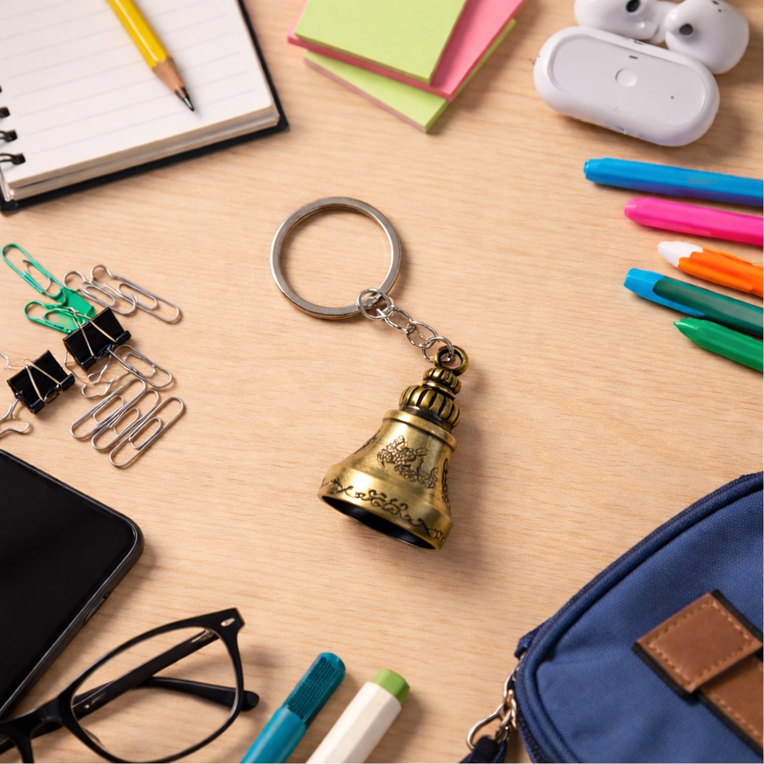 Temple bell keychain attached to a key ring