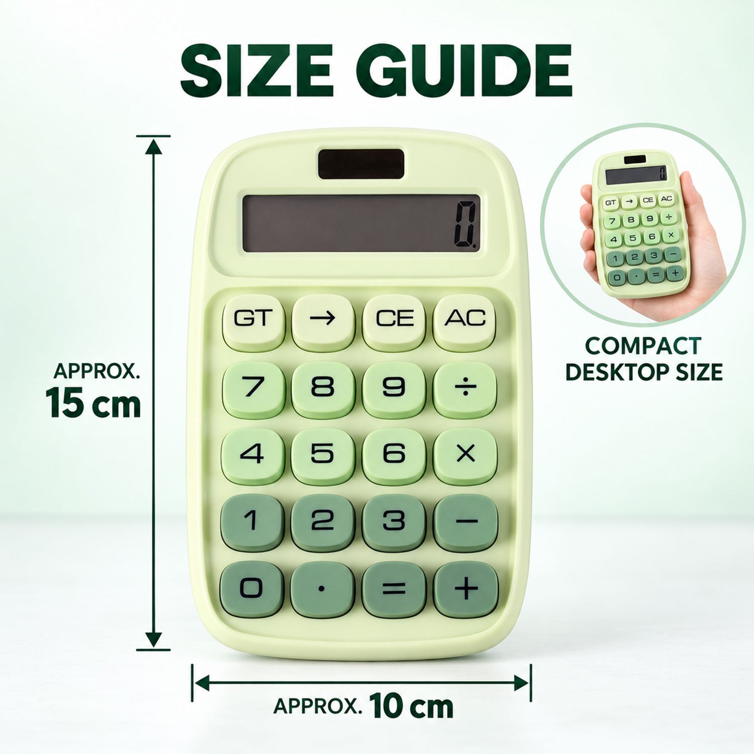 A light green calculator is packaged in a white and colorful box, resting on a light wooden surface.