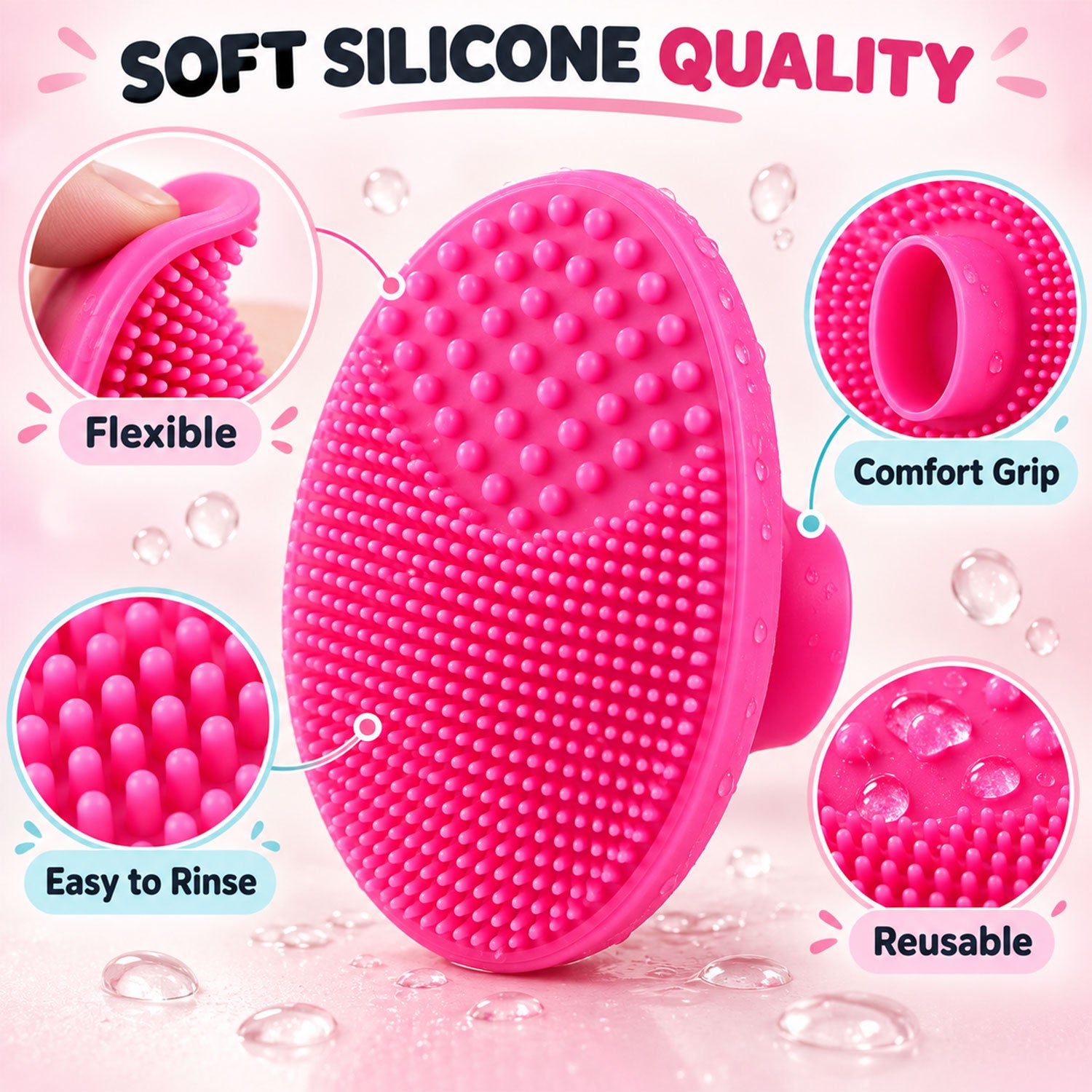 A close-up of the pink silicone brush shows its flexible bristles, comfort grip, and easy-to-rinse, reusable features.