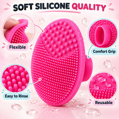A close-up of the pink silicone brush shows its flexible bristles, comfort grip, and easy-to-rinse, reusable features.