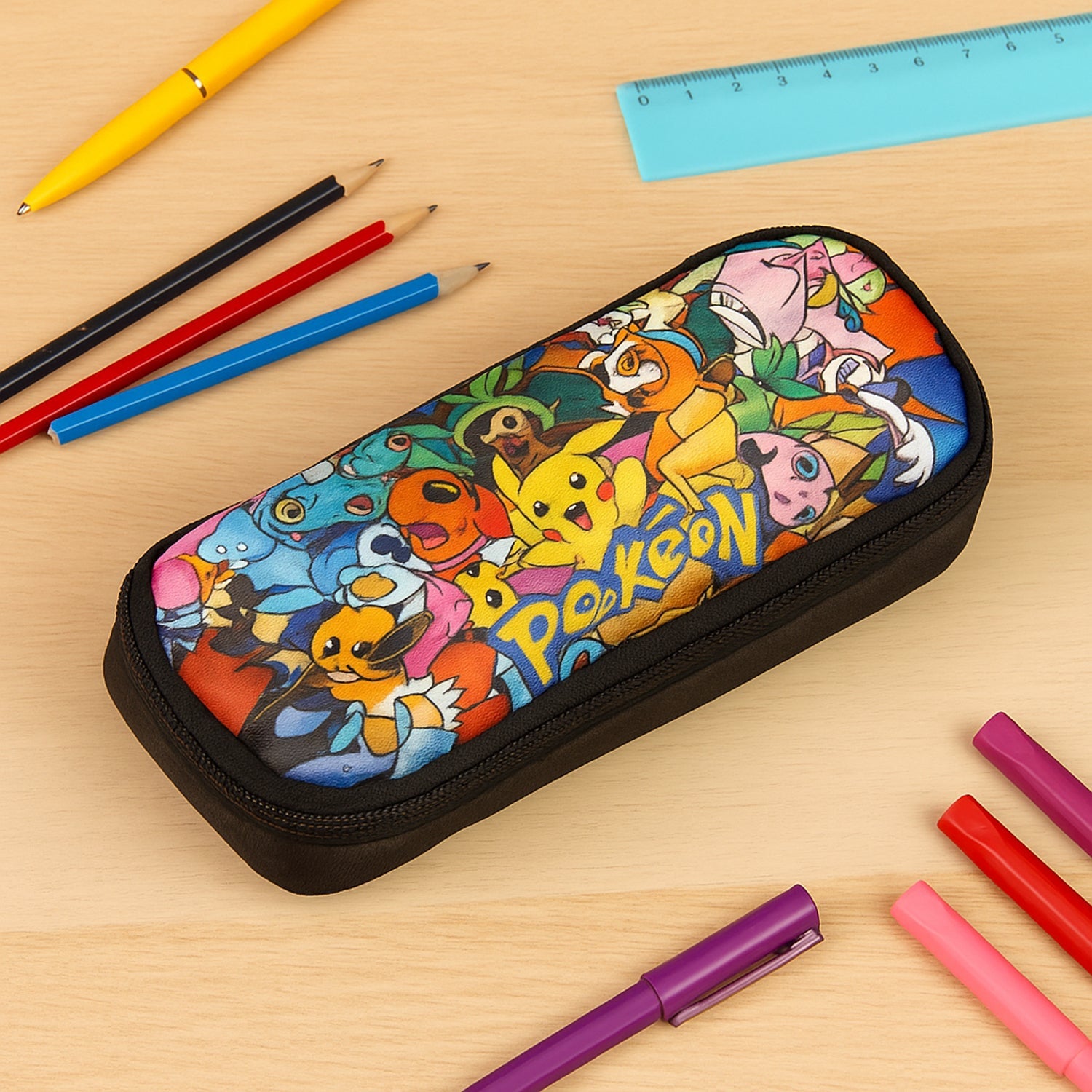Colorful Cartoon Printed Pencil Pouch for Kids (1 Pc)