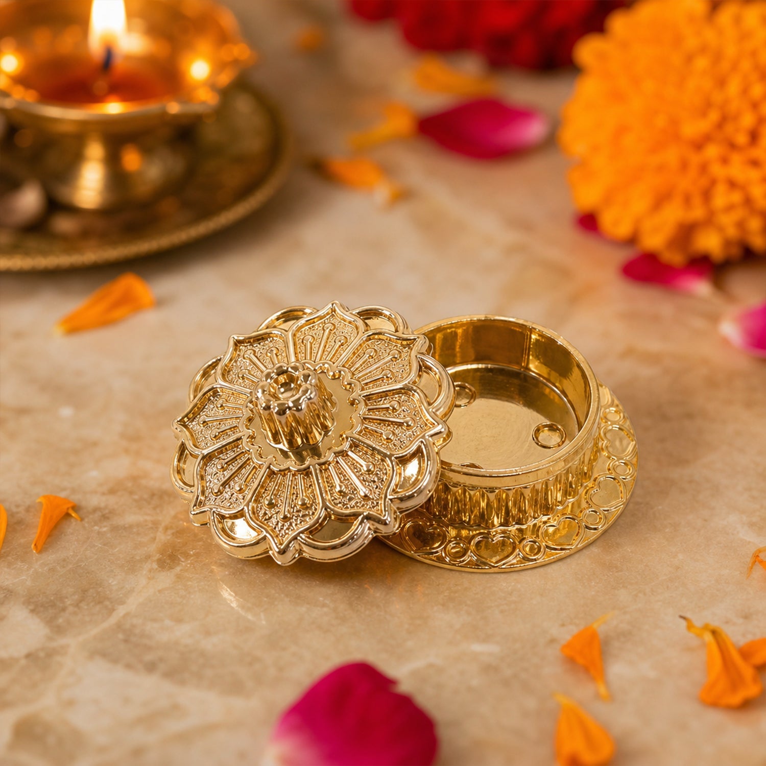 Golden decorative kankavati close-up view
