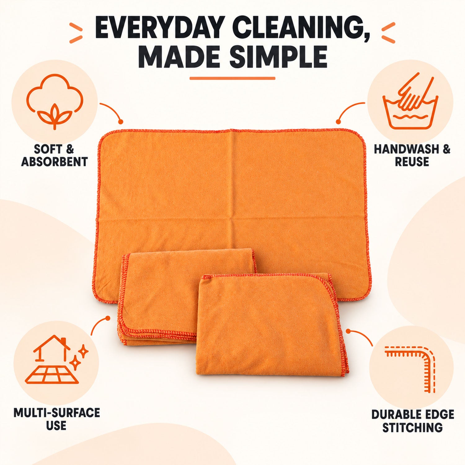 Three orange cleaning cloths are shown with icons highlighting features like softness, absorbency, and durability.
