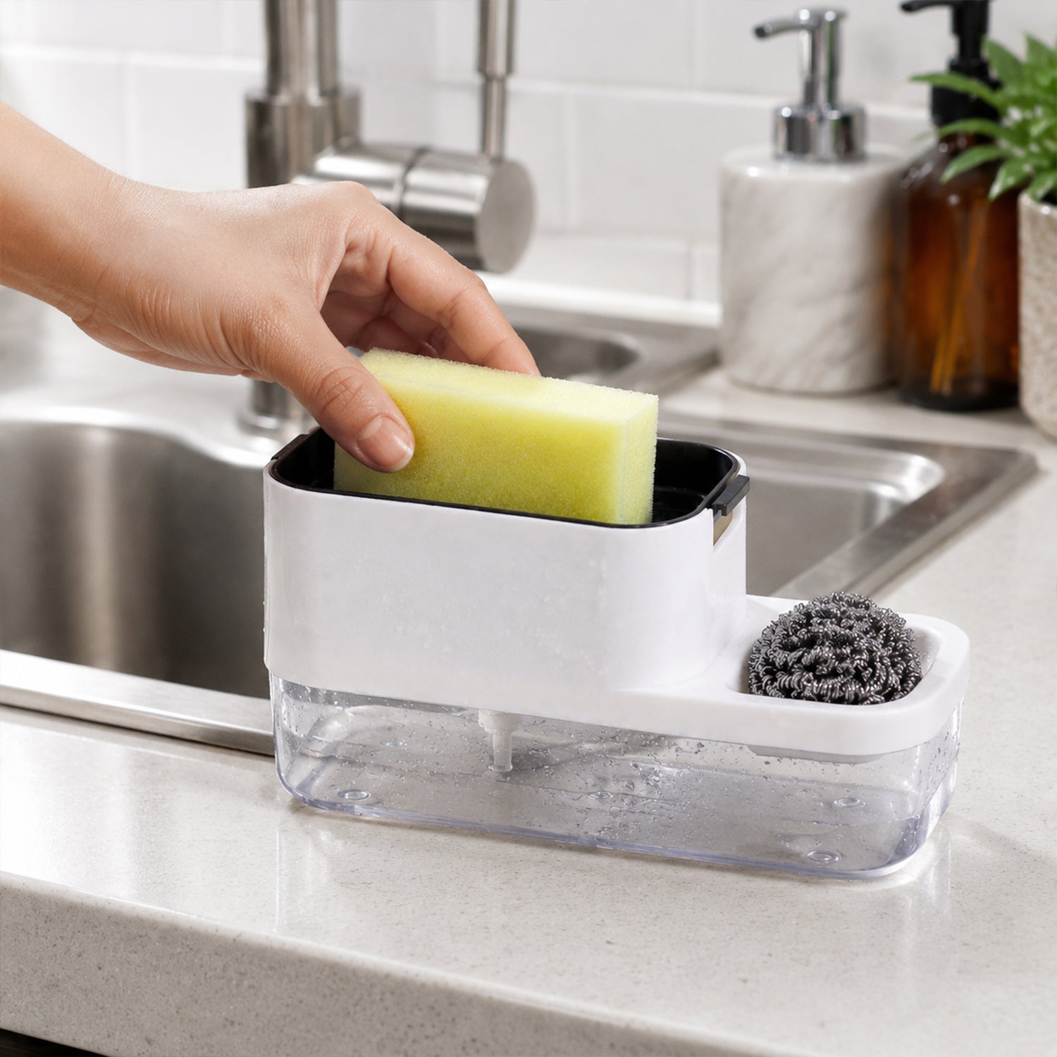 Compact 2-in-1 Dish Soap Dispenser & Sponge Holder on a kitchen counter, showing size