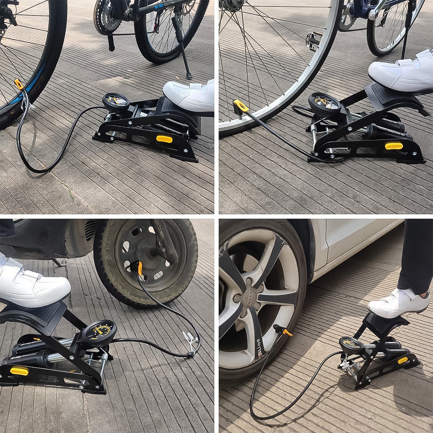 Close-up of foot air pump pressure gauge & hose