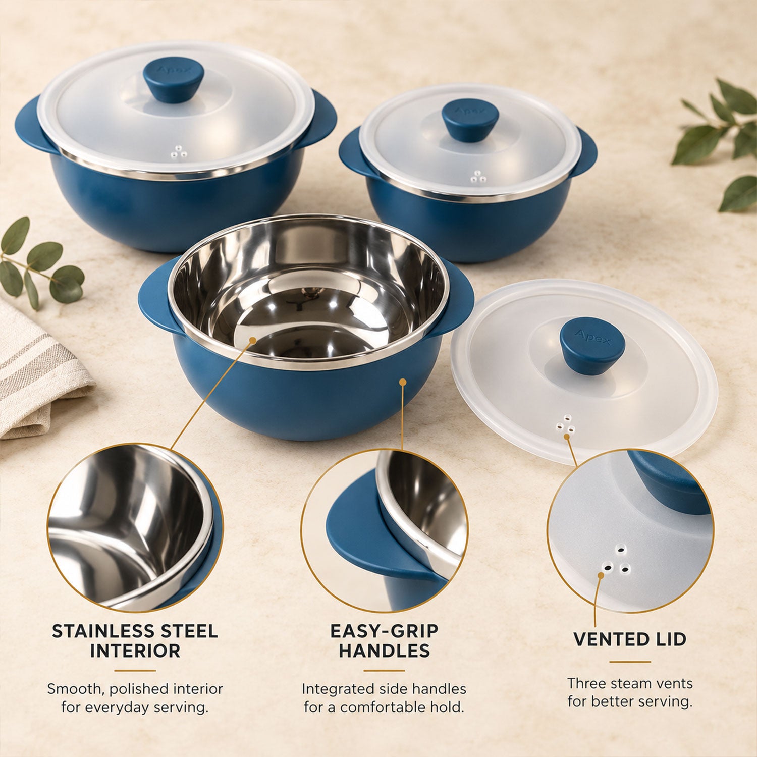 Three blue serving bowls, one open, are displayed on a textured surface with callouts for stainless steel interior,