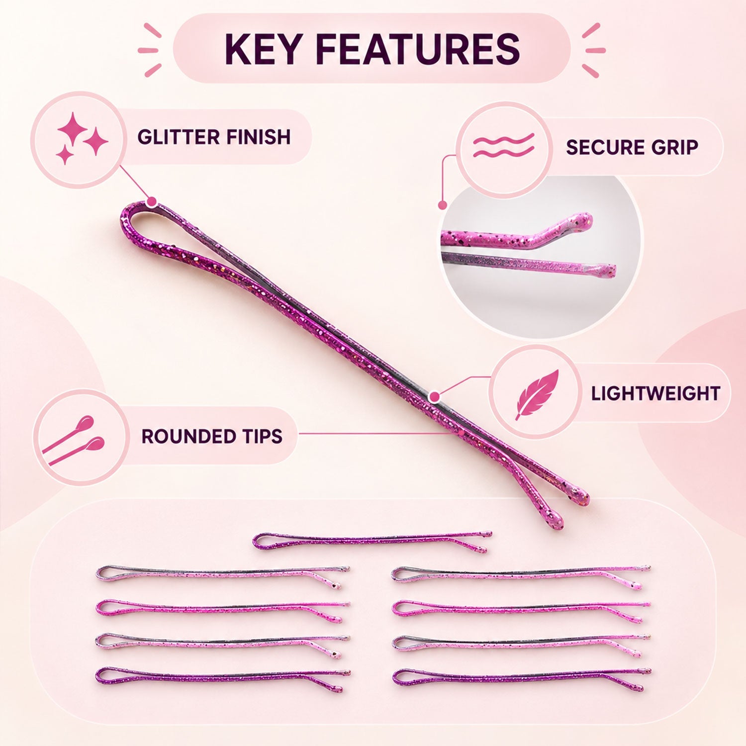 An infographic highlights key features of the glitter bobby pins: glitter finish, secure grip, lightweight, and rounded tips.