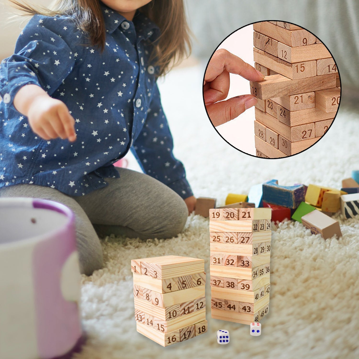 Carrying case for wooden tumbling tower game with blocks inside