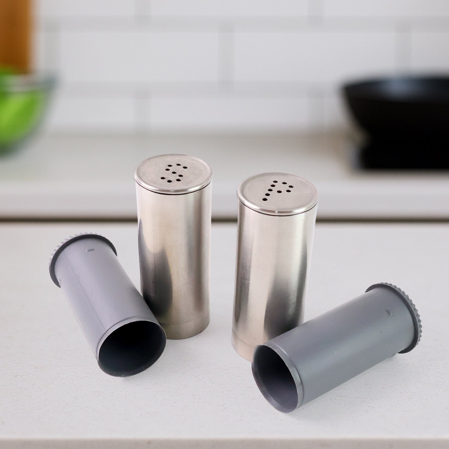 Modern stainless steel salt and pepper shaker set