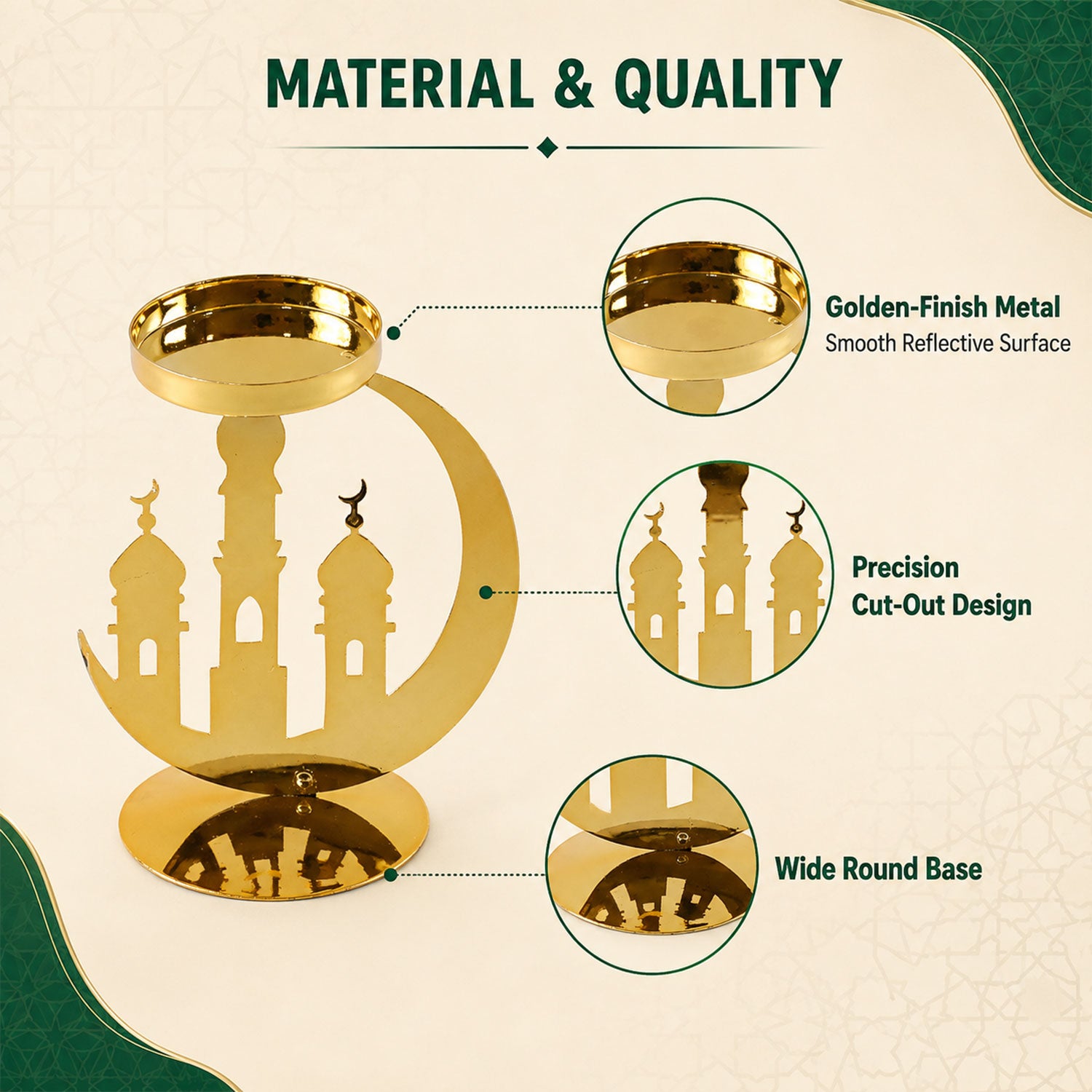 A golden metal incense holder with a crescent moon and mosque design, highlighting its golden-finish metal, precision