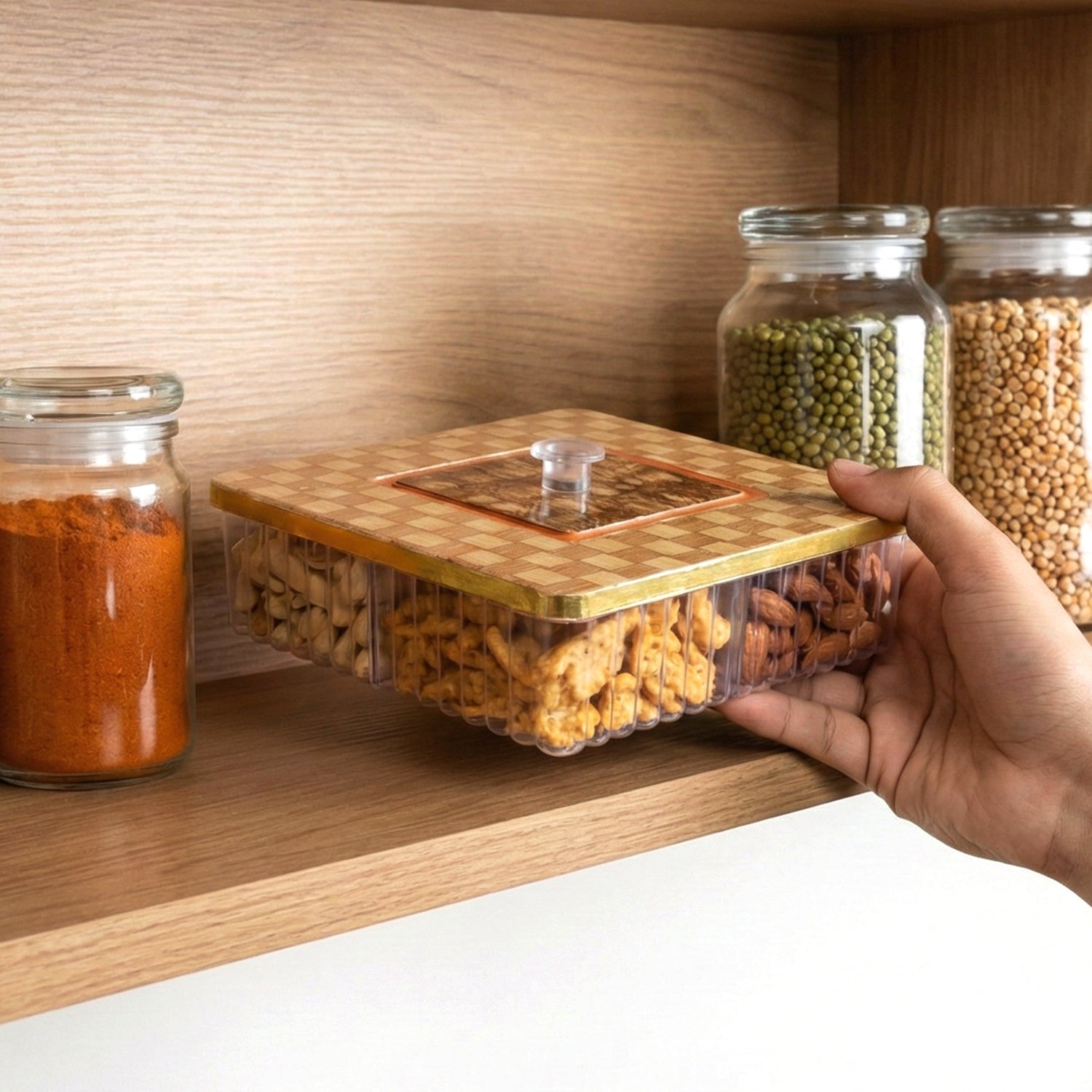 Side view of plastic multipurpose storage box with partitioned compartments