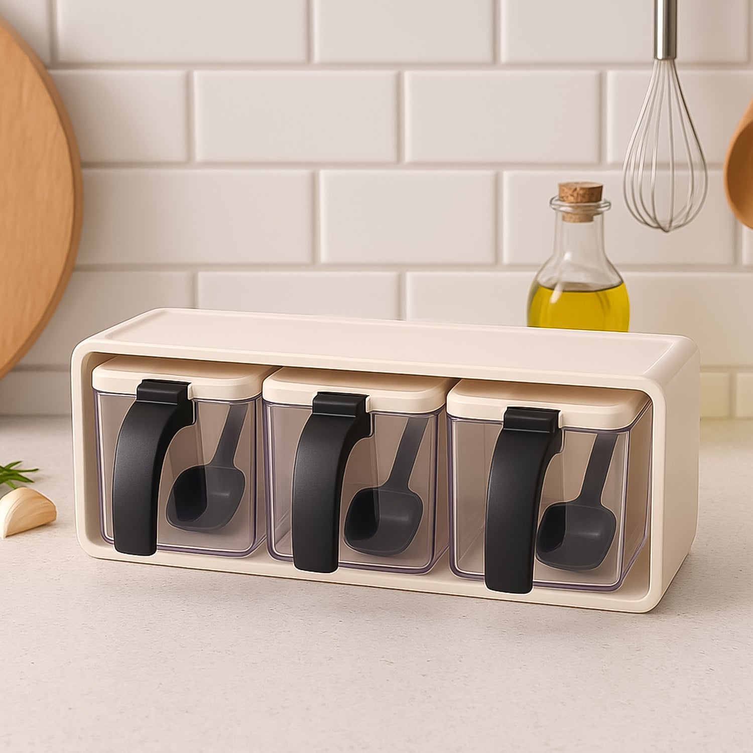 Stackable spice storage set by Grinss on kitchen countertop