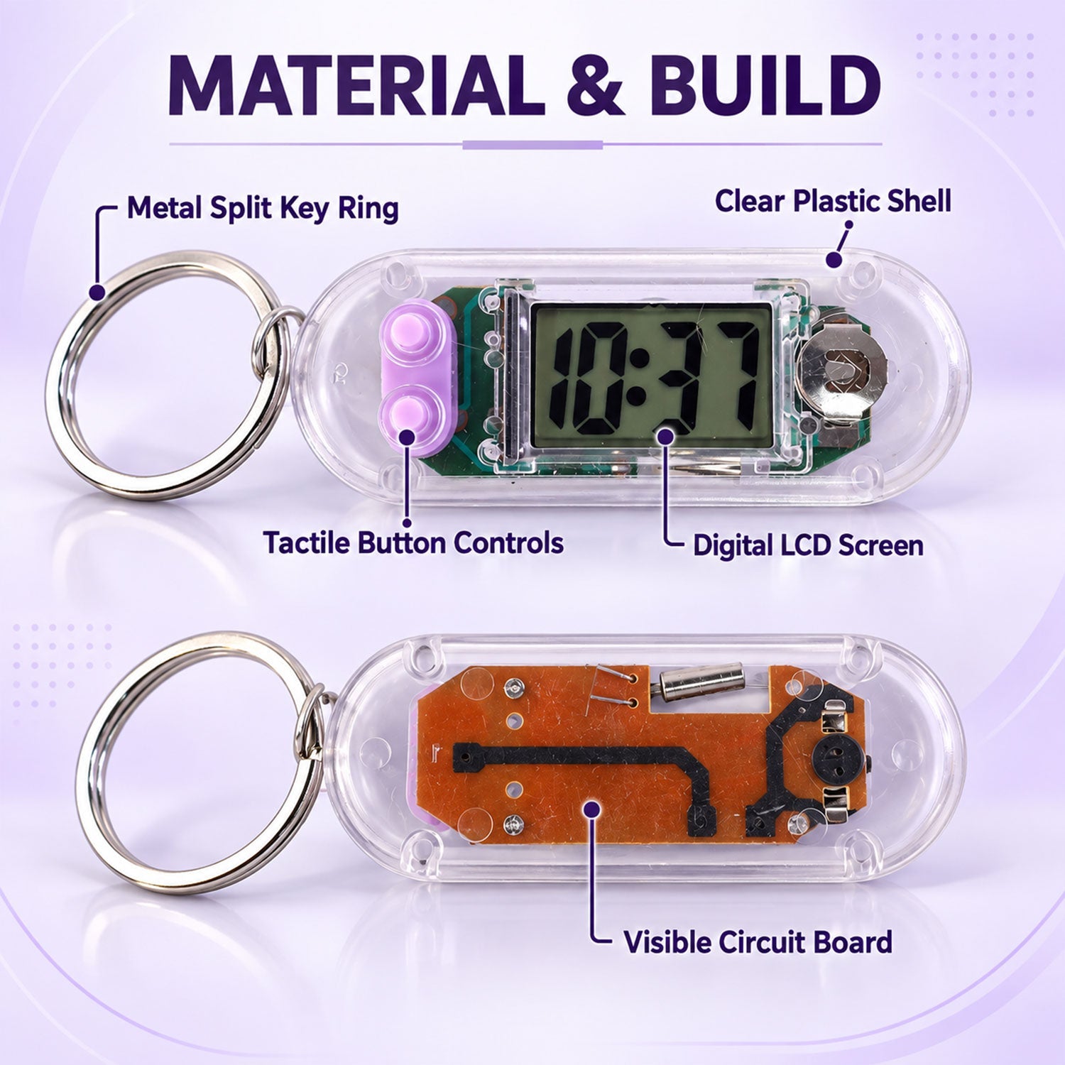 Two views of a transparent digital clock keychain, highlighting its clear shell, LCD, and visible circuit board.
