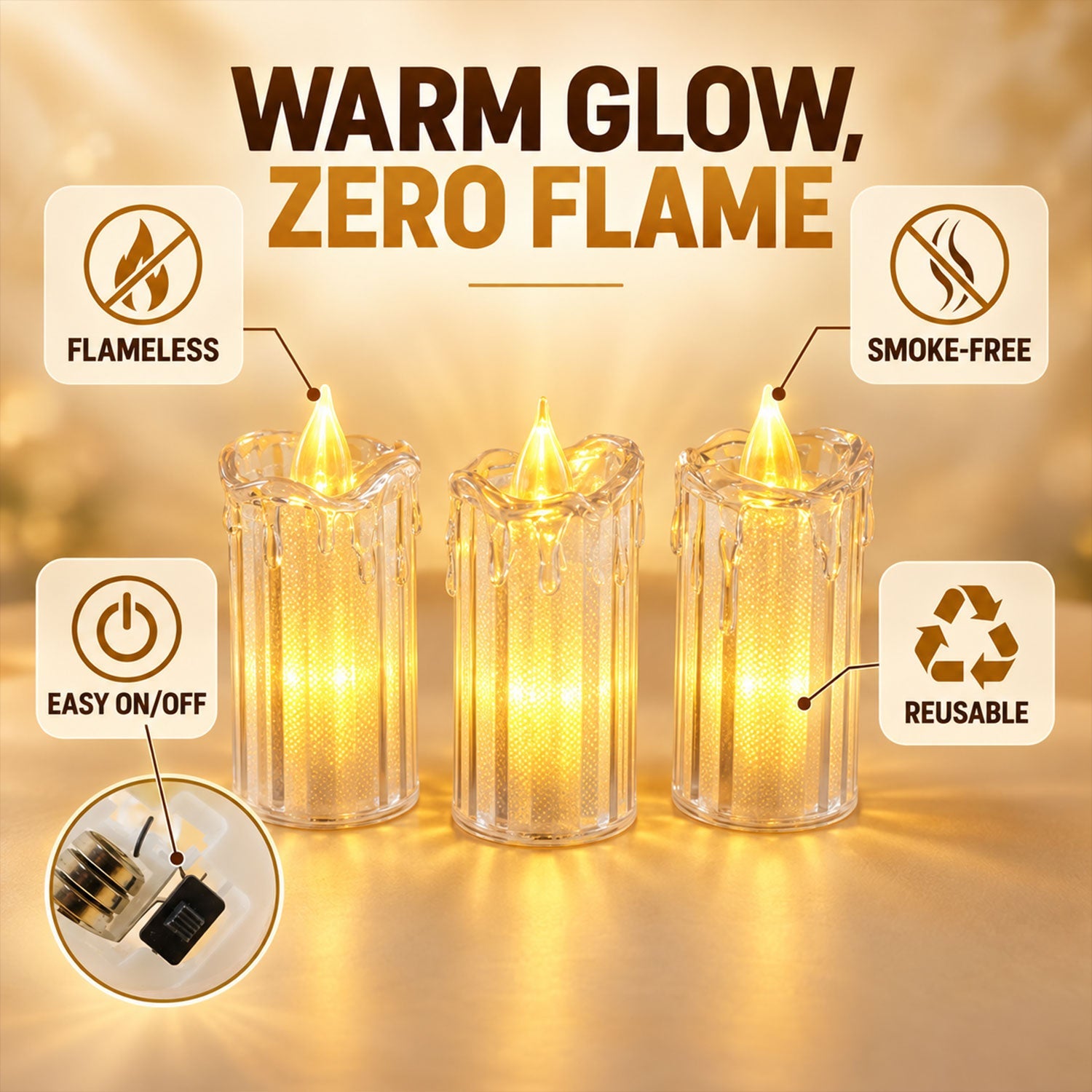 Three clear plastic LED candles glowing with warm light, surrounded by icons indicating flameless, smoke-free, easy on/off,