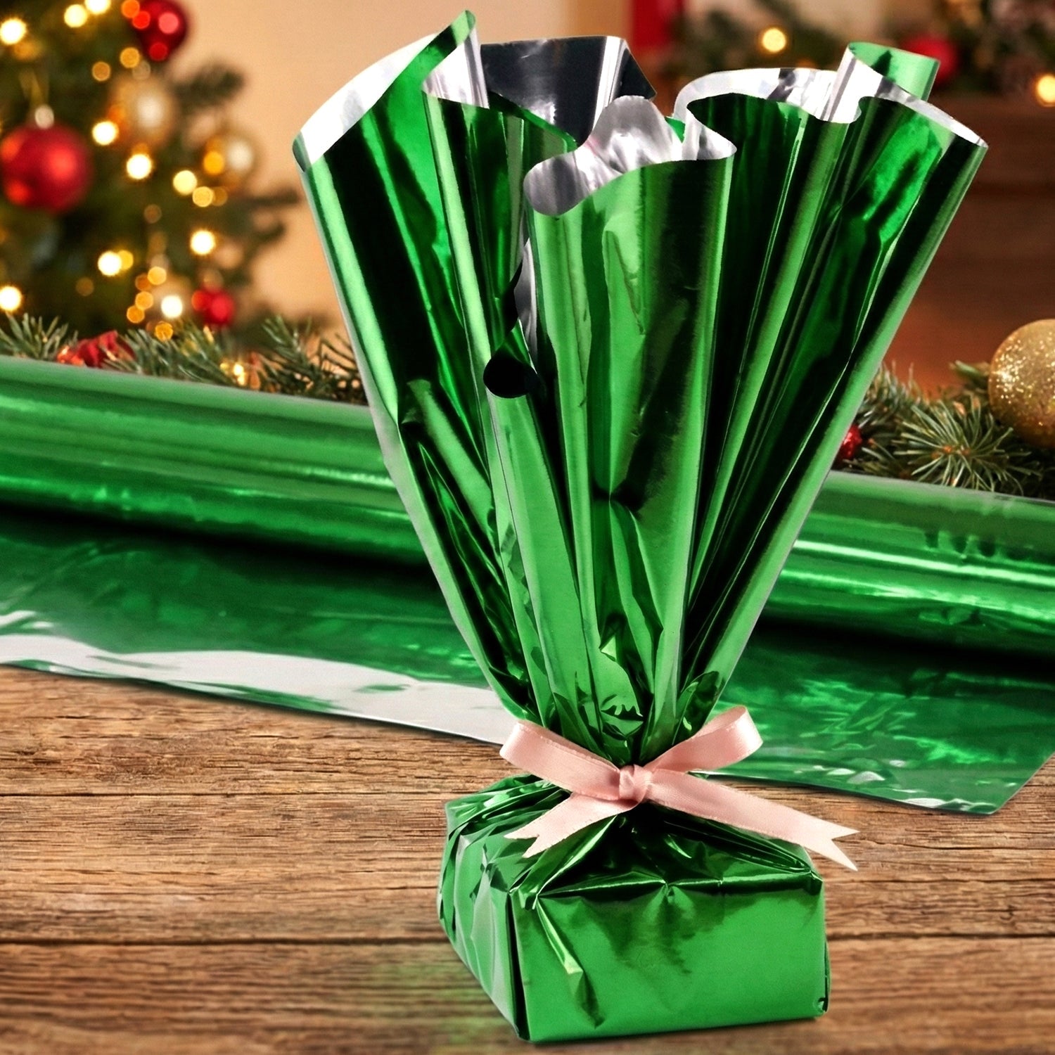 Stack of folded metallic gift wrapping paper sheets