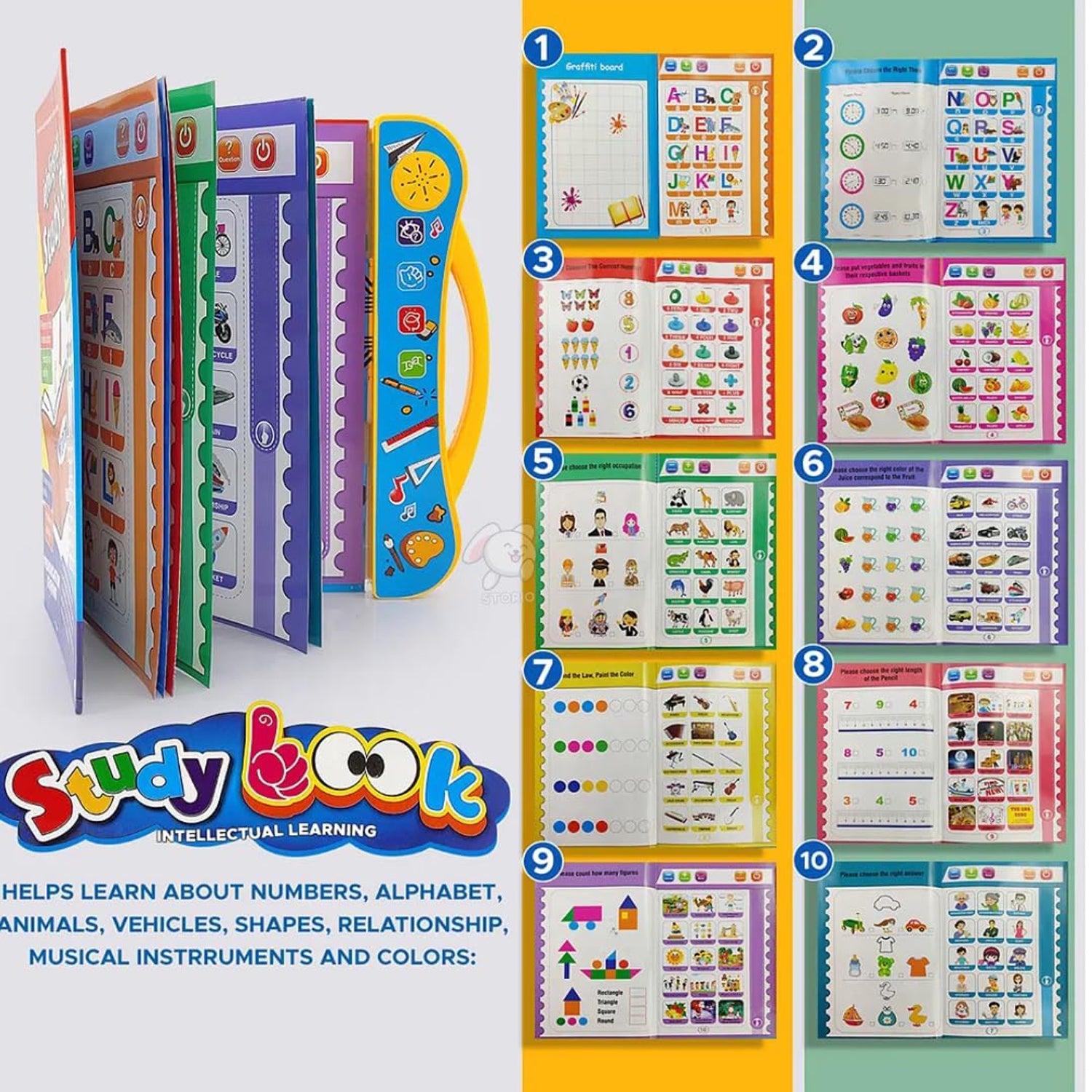 Bright interactive buttons on musical learning book for kids