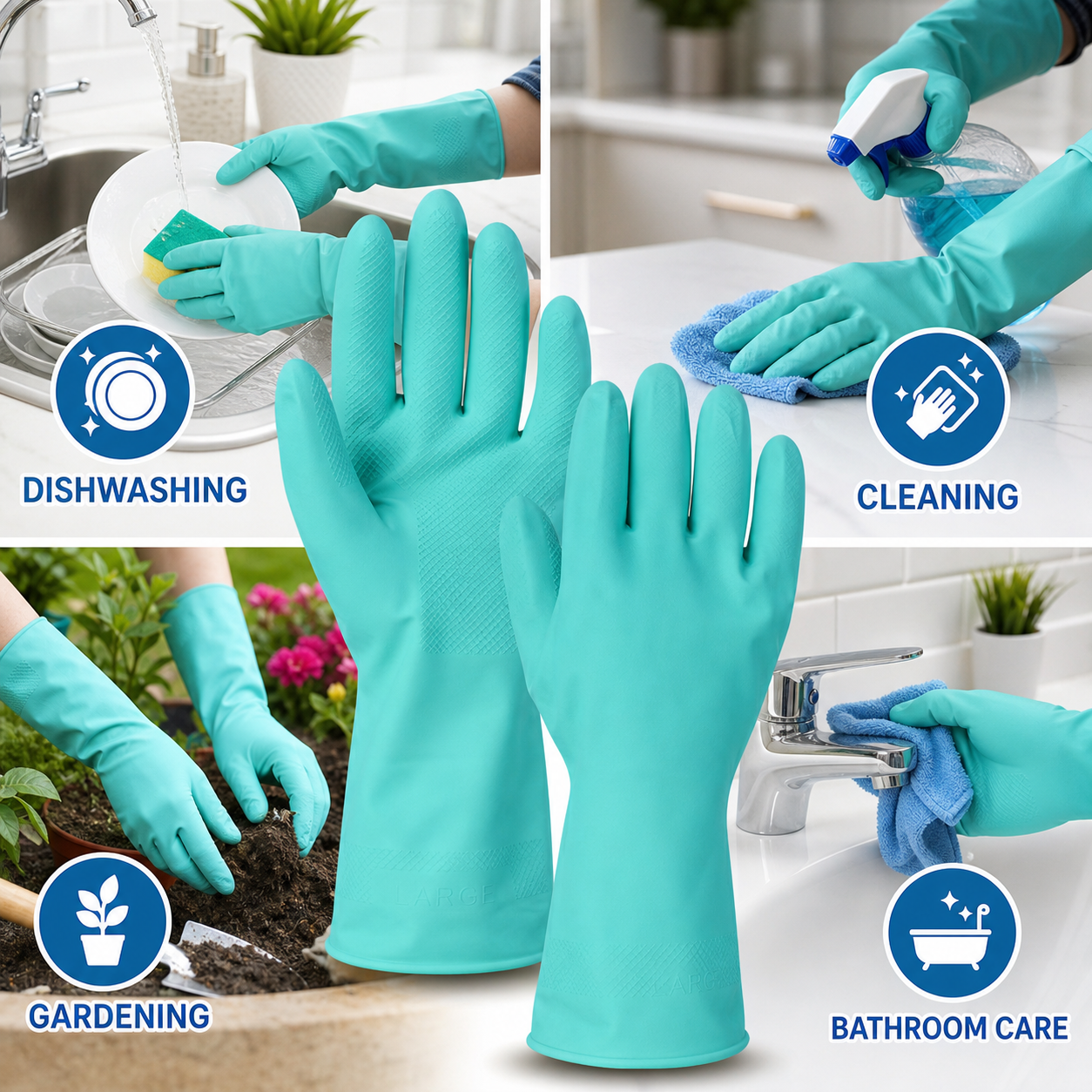 Rubber gloves displayed for multiple household uses