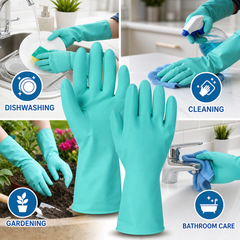 Rubber gloves displayed for multiple household uses