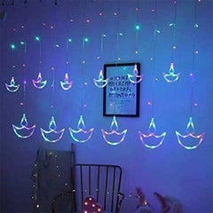 Diya Curtain String Lights draped elegantly as home decor.