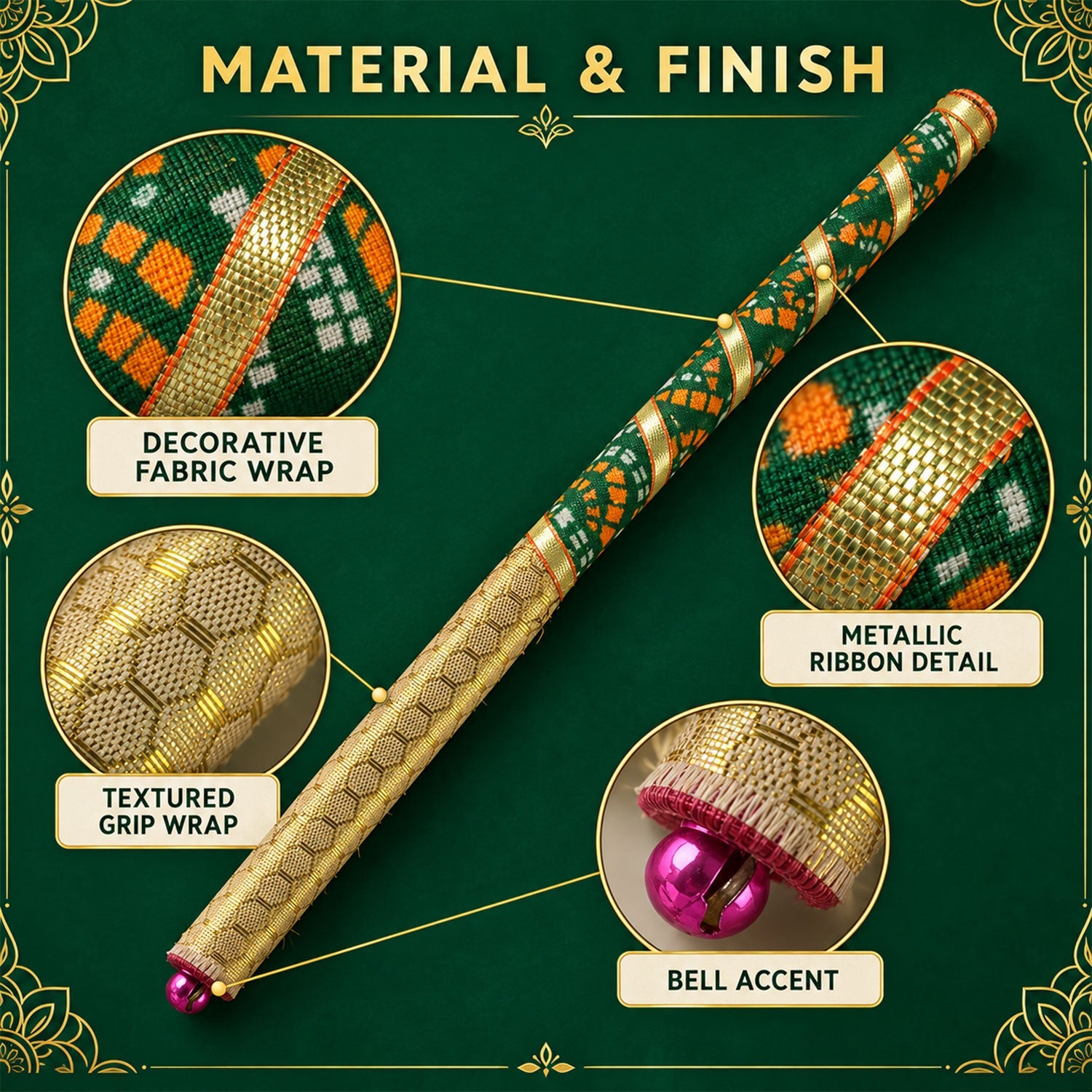 Decorative Wooden Base Dandiya Sticks with Bells for Navratri Garba Dance (2 Pc)