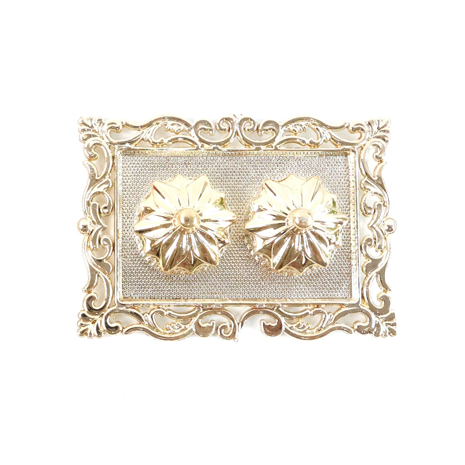 A gold rectangular pooja thali with two flower-shaped containers, on a white background.