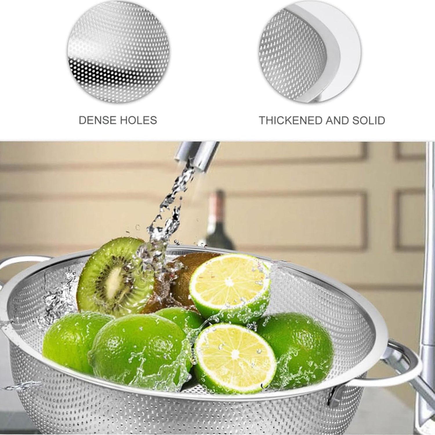 Ergonomic handle detail of the stainless steel washing strainer