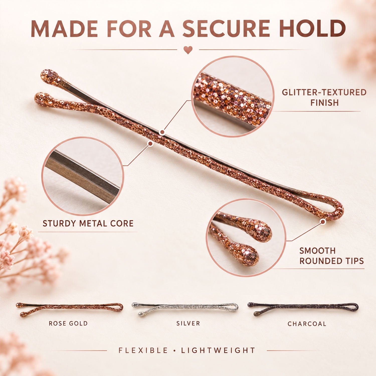 A single rose gold glitter bobby pin with callouts for its texture, metal core, and rounded tips.