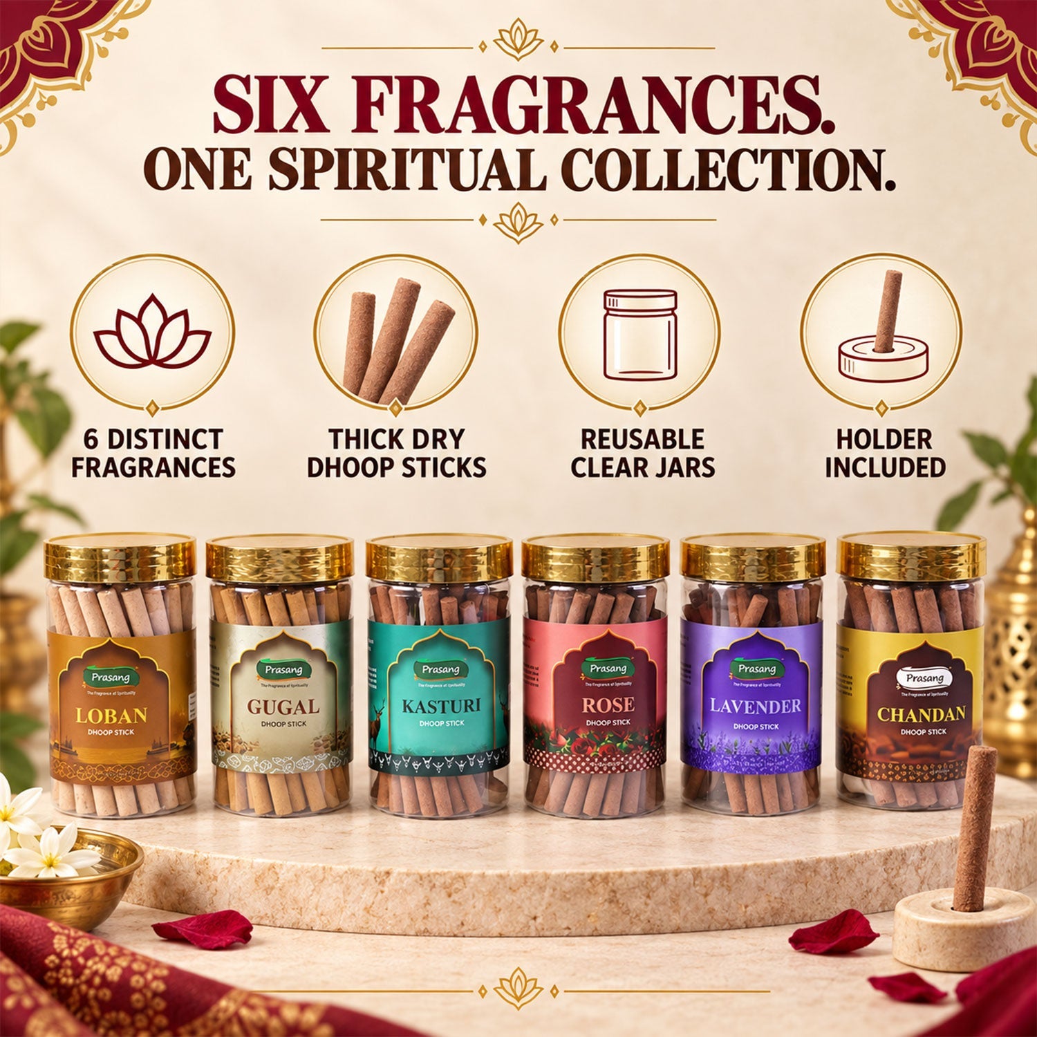 Six dhoop stick jars with gold lids on a stone surface, with text describing fragrances, jars, and holders.