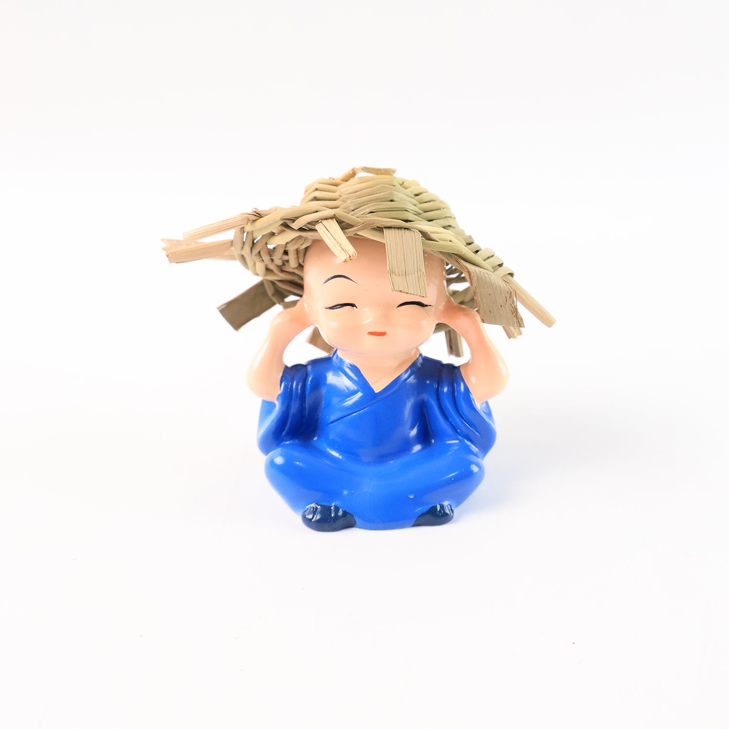 Handcrafted Resin Buddha Monks Set with Vintage Straw Hats