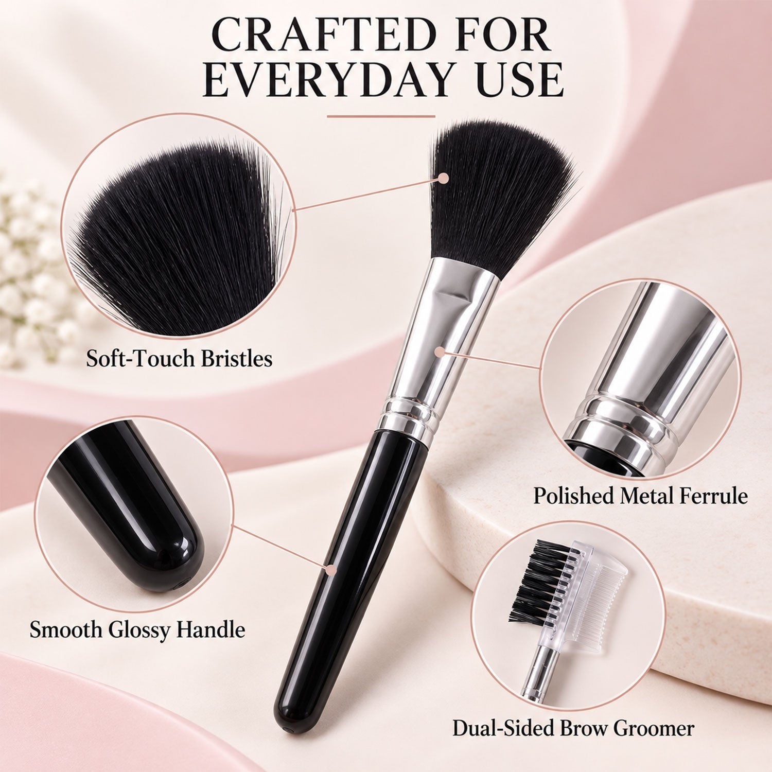 A large black makeup brush with silver ferrule and black bristles is shown with close-ups of its soft bristles, polished