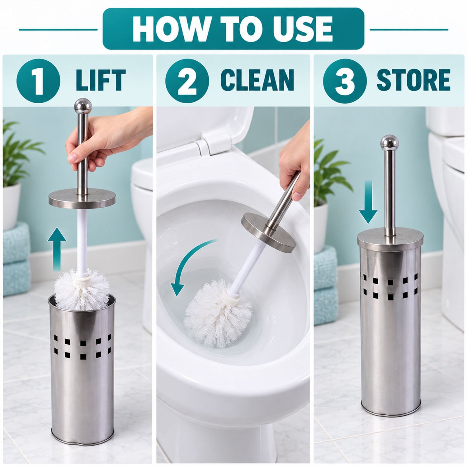 A three-panel image demonstrating how to use the toilet brush: lifting from holder, cleaning a toilet, and storing it back.