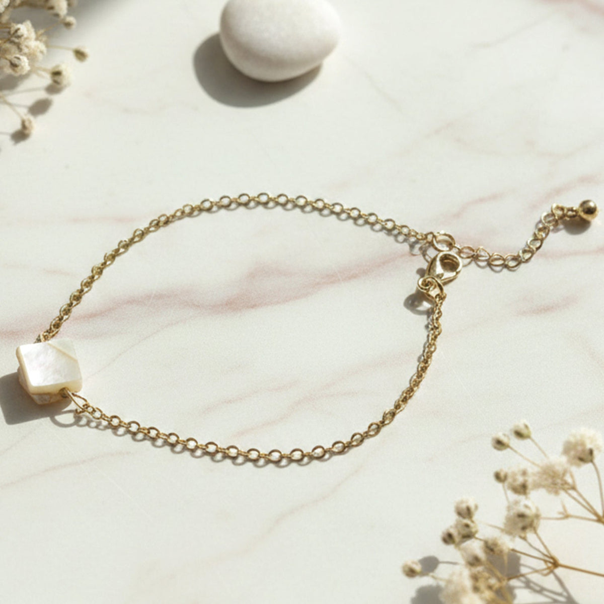 Chain Bracelet with square stone charm close-up