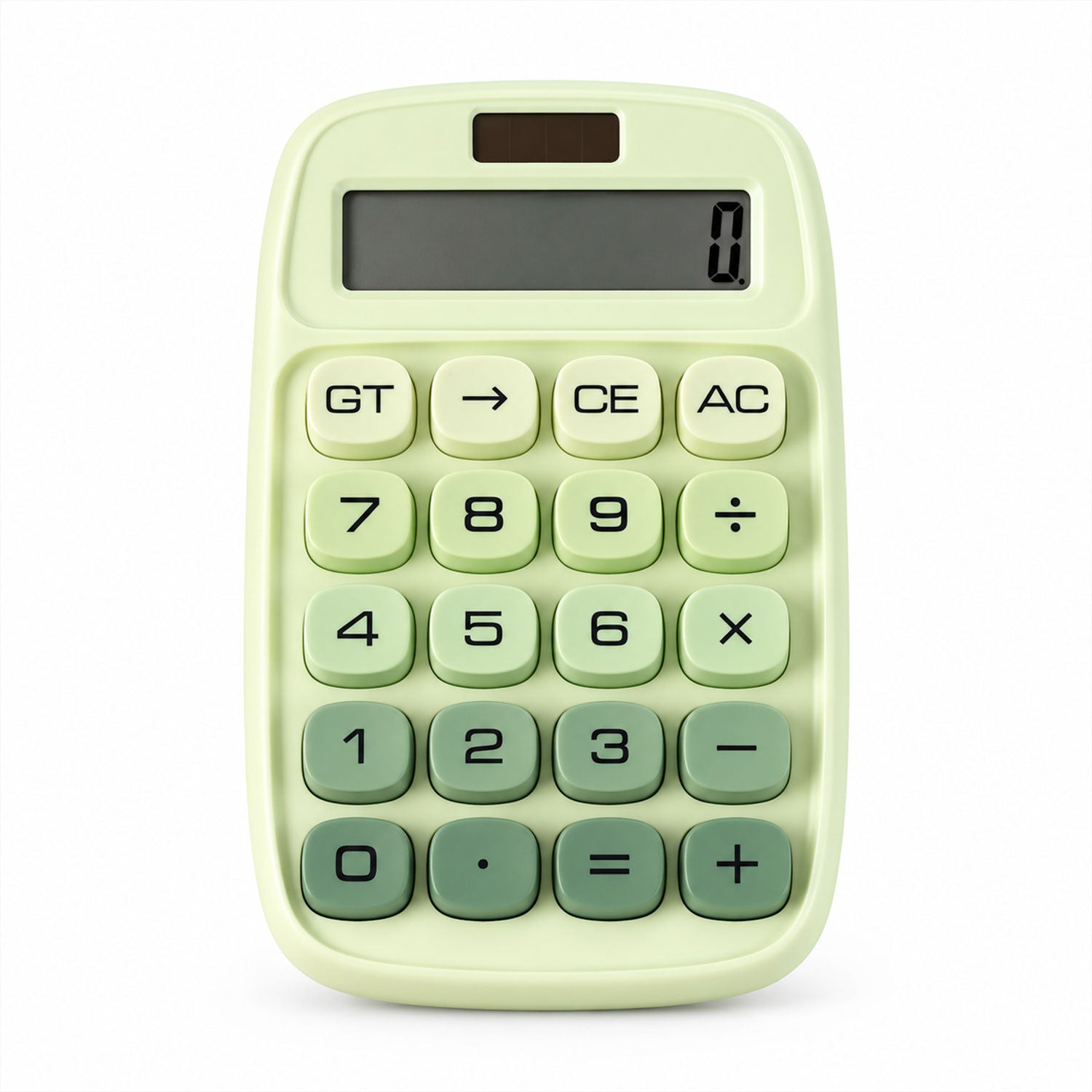 A light green calculator with dark green keys is shown with a size guide indicating approximate dimensions of 15 cm by 10 cm.
