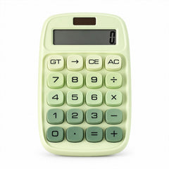 A light green calculator with dark green keys is shown with a size guide indicating approximate dimensions of 15 cm by 10 cm.