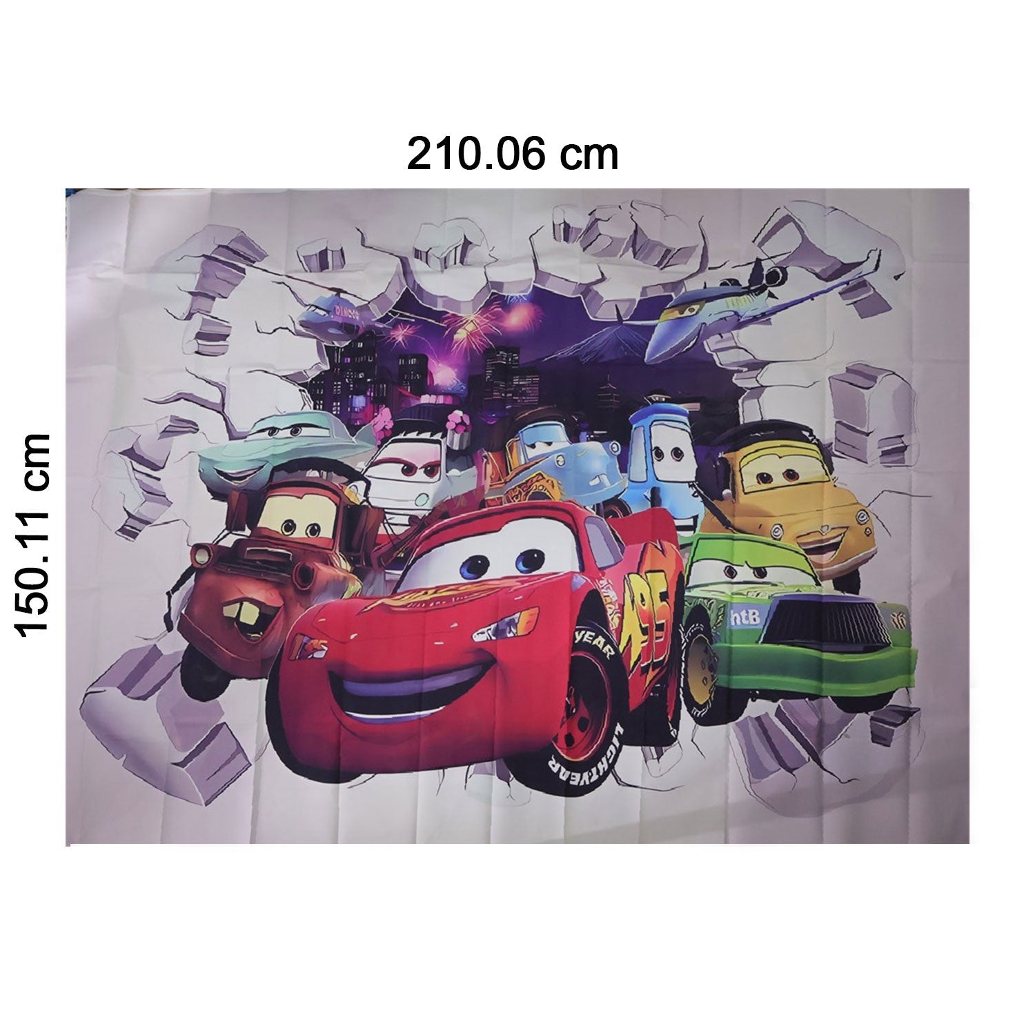 Cartoon racing car backdrop dimension guide with width and height arrows