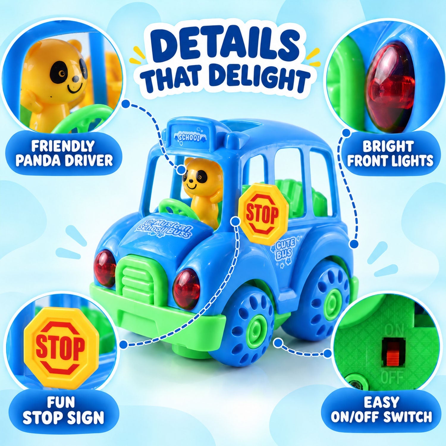 A blue toy bus highlights its panda driver, bright front lights, stop sign, and on/off switch.