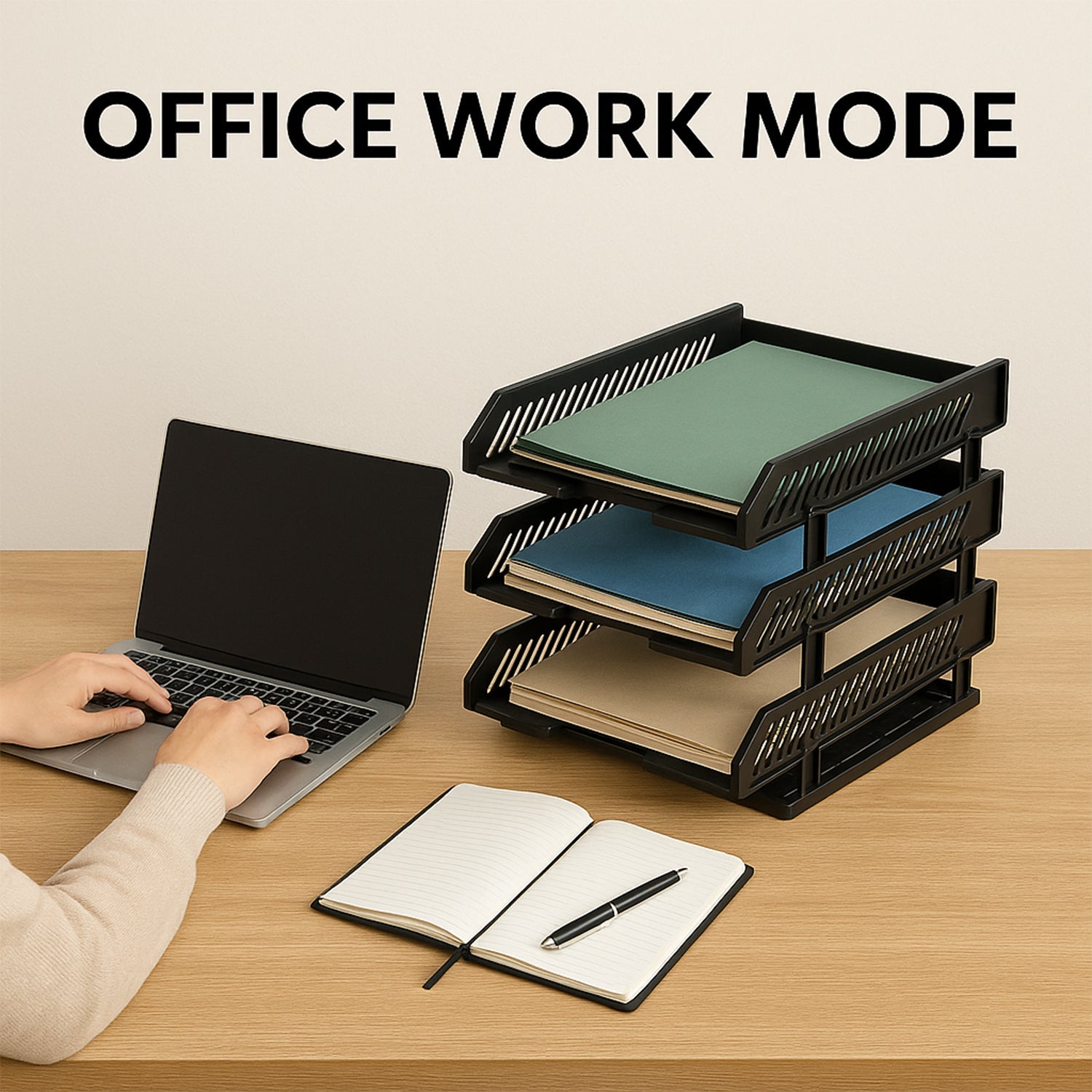 File rack holding magazines and office supplies