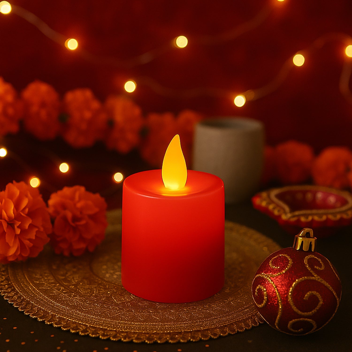 Multiple red LED tea lights arranged elegantly for a festive home ambiance.