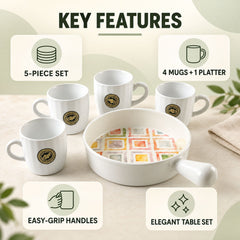 A five-piece ceramic set, with four white mugs and a platter featuring a colorful square design, is displayed with feature