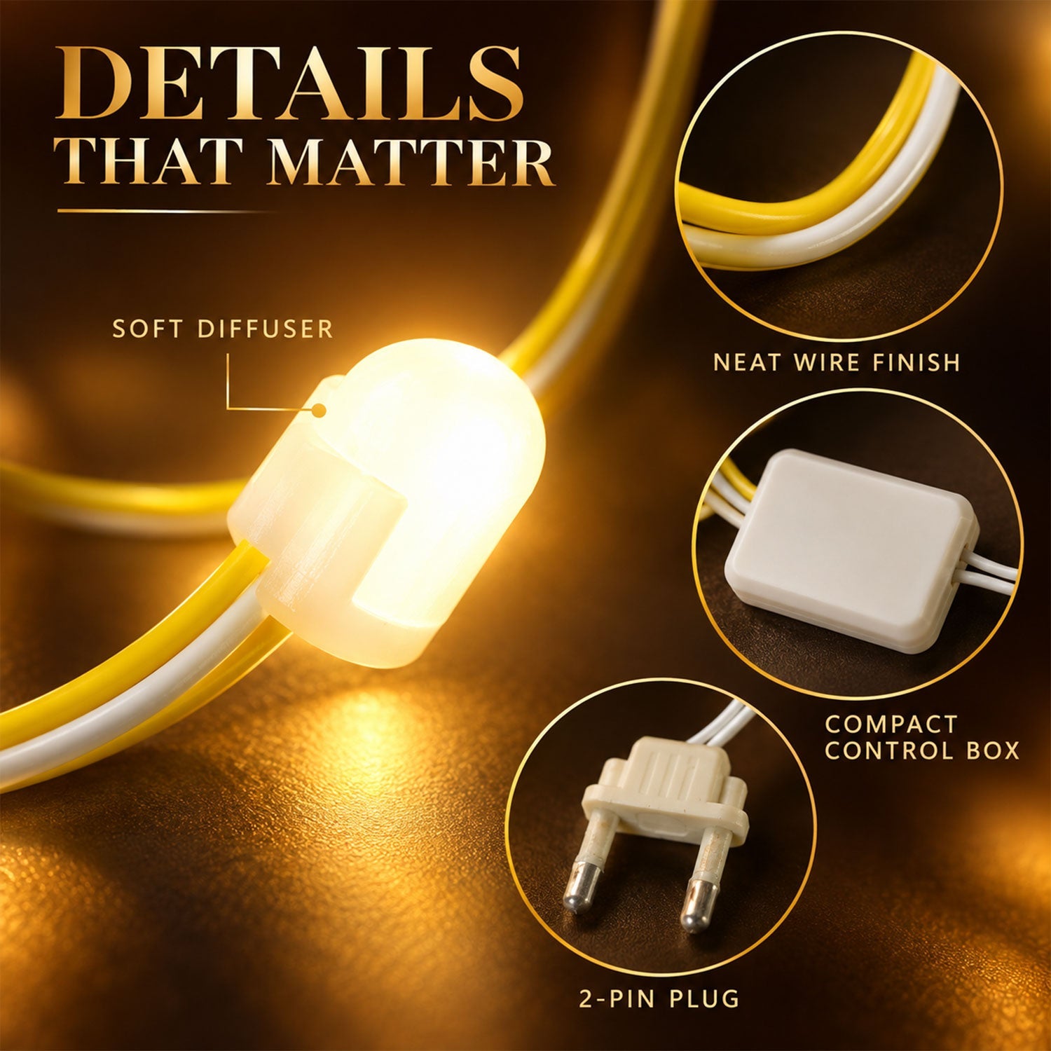 Close-up details of the warm white bulb string lights, highlighting the soft diffuser, neat wire finish, compact control