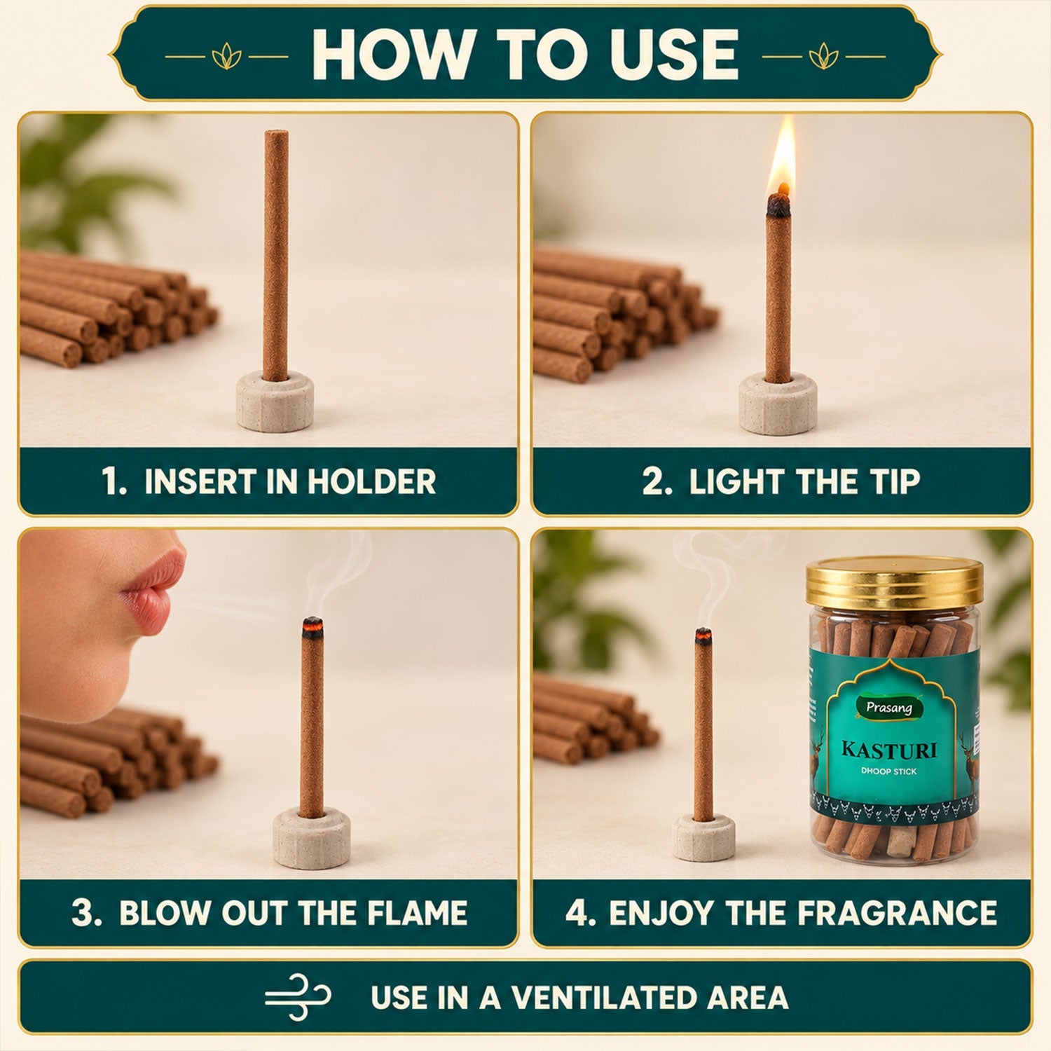Four steps illustrating how to use the dhoop stick: insert, light, blow out, and enjoy.