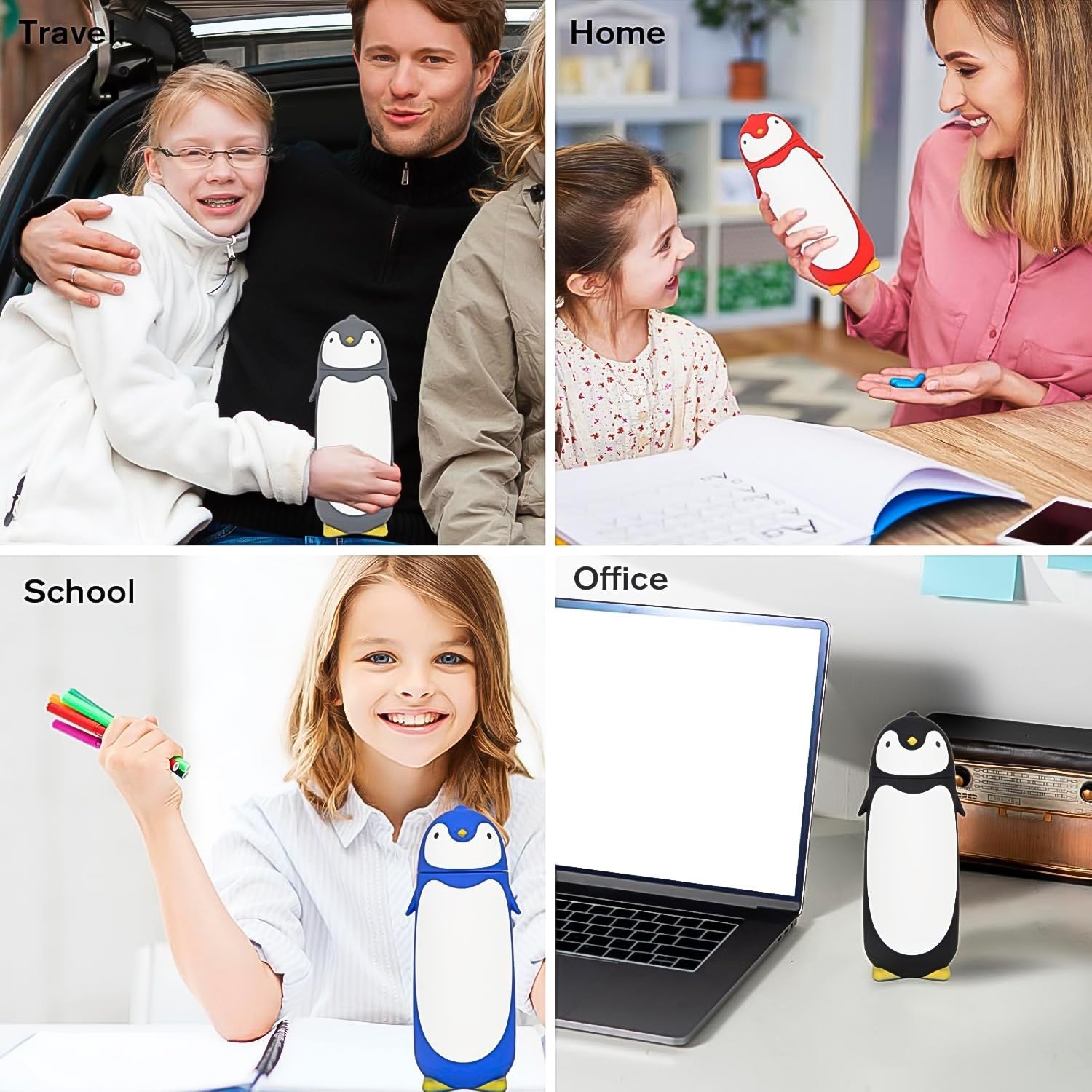 Penguin water bottle with flip-top cap open, revealing drinking spout