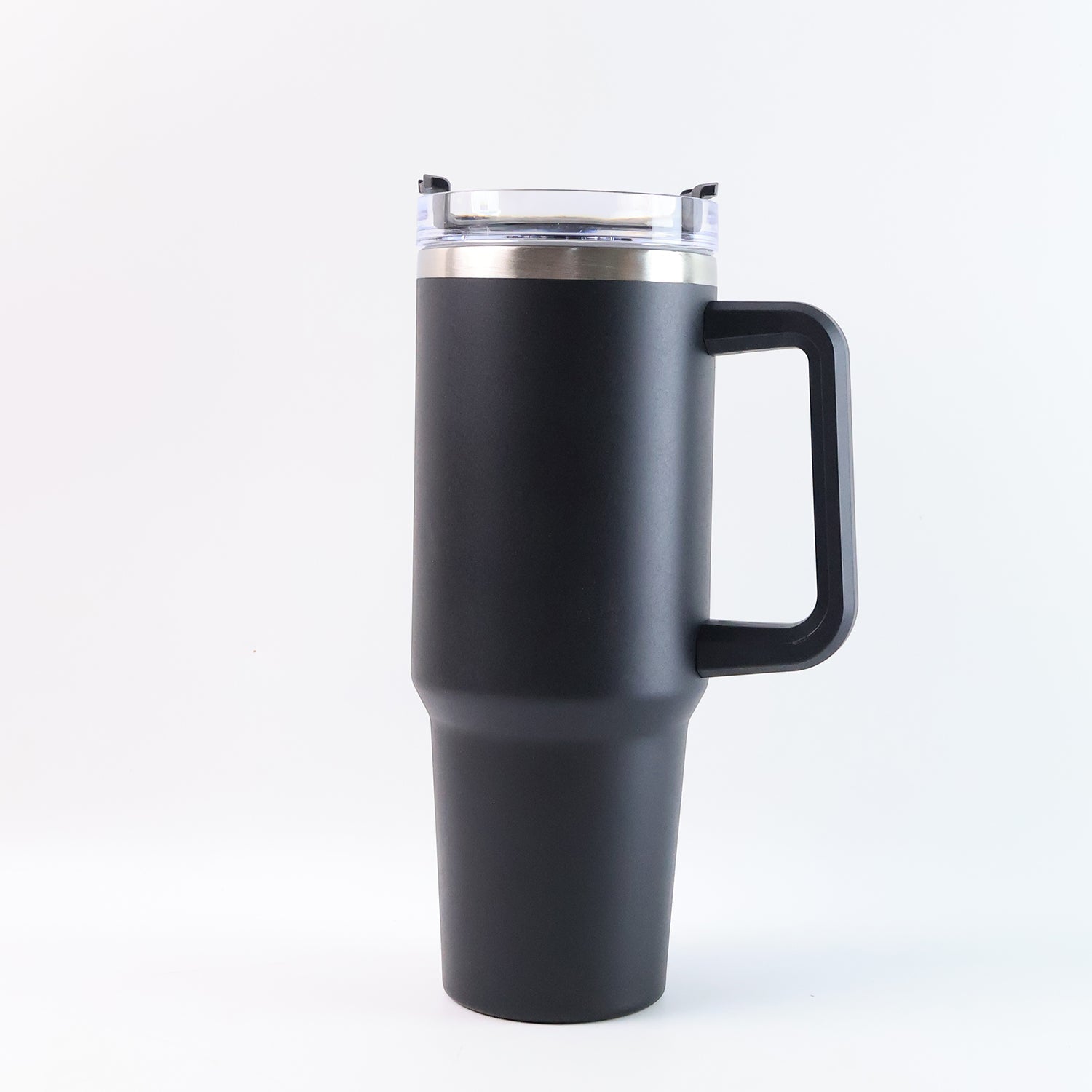 Close-up of stainless steel vacuum insulated travel mug