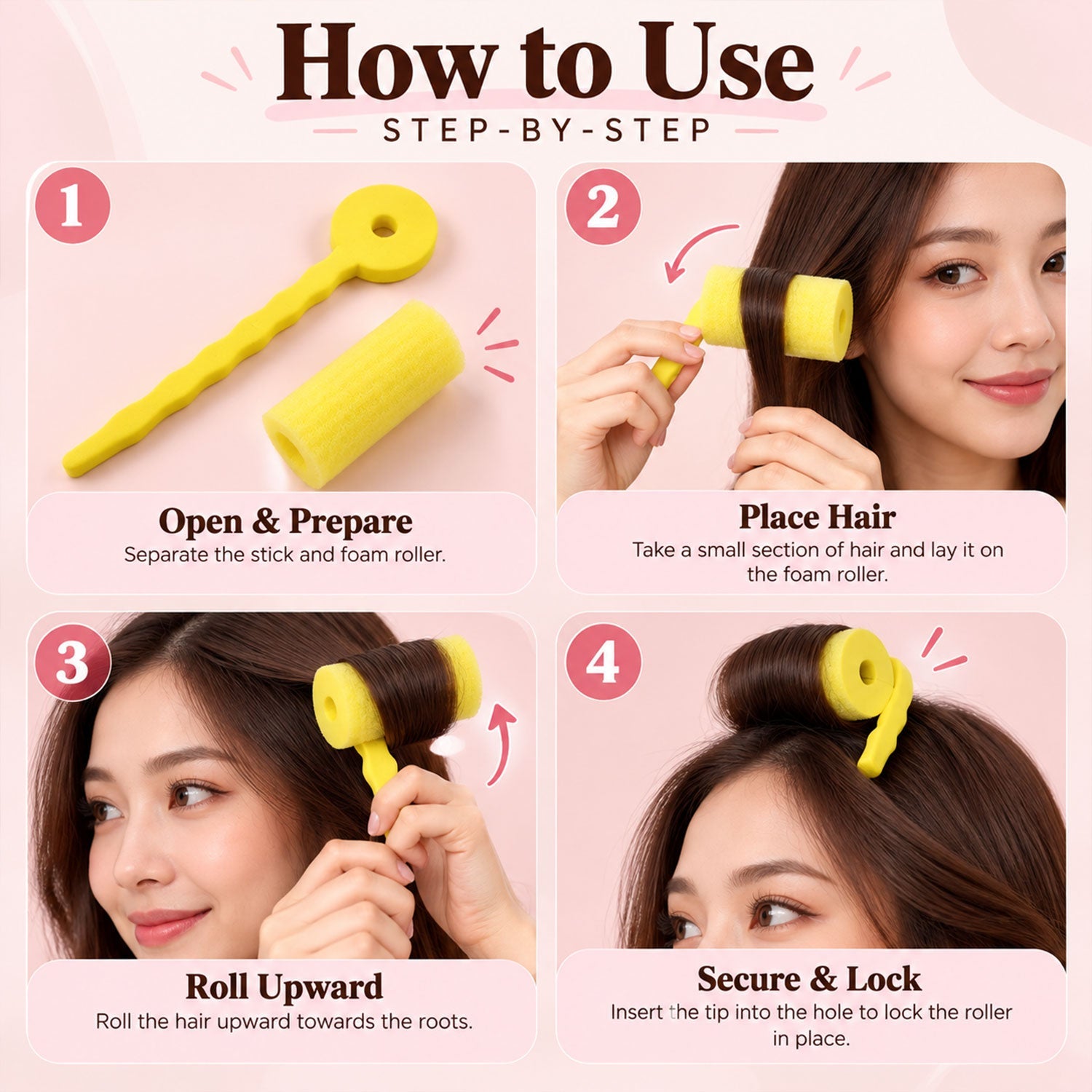 A four-step guide illustrates how to use the yellow foam hair roller for styling.