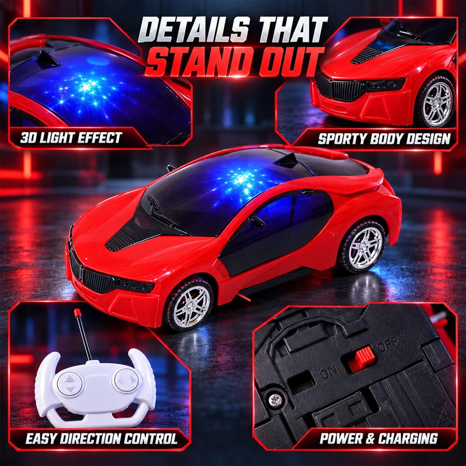 USB charging cable connected to the rechargeable RC sports car toy
