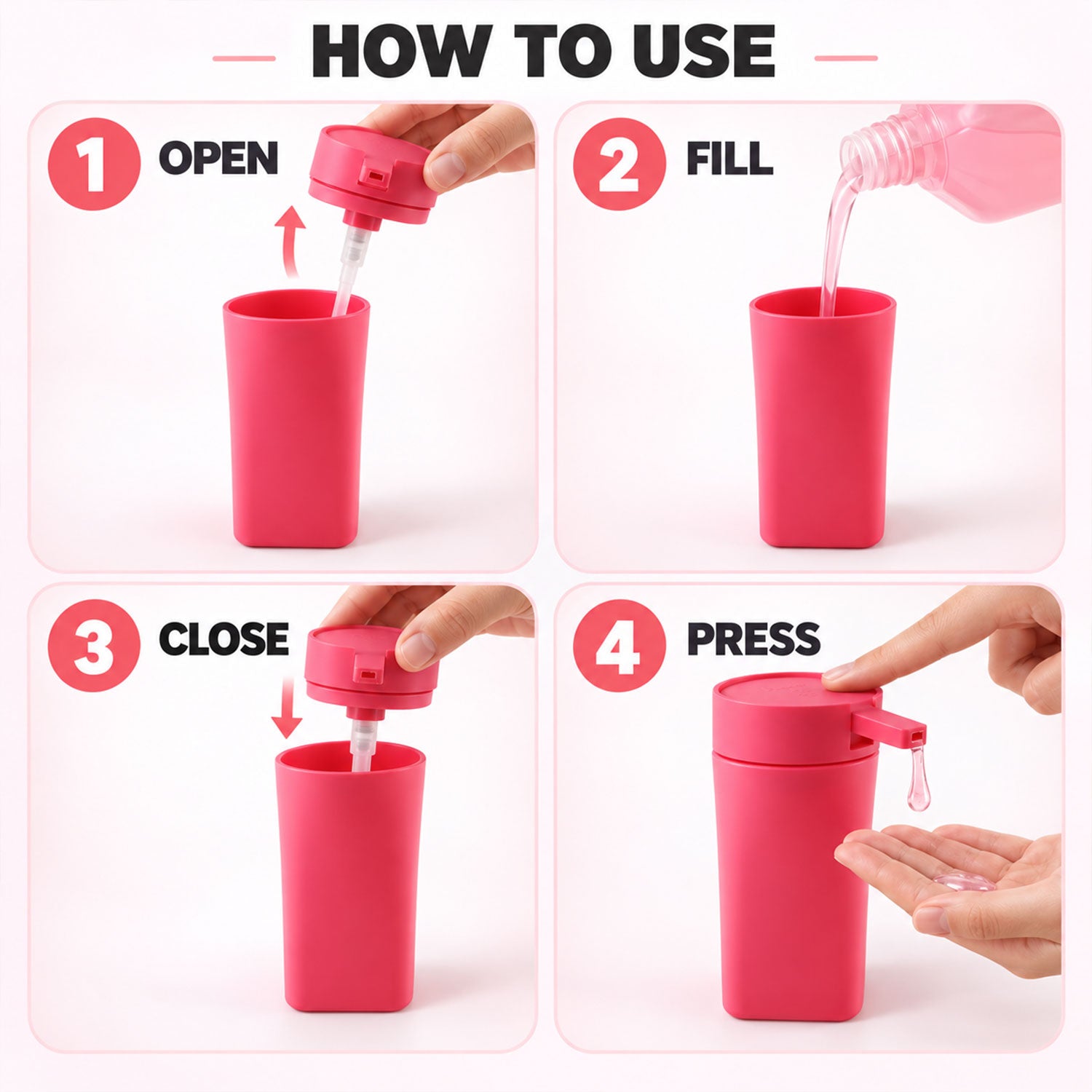 A four-step guide illustrates how to open, fill, close, and press the pink rectangular liquid dispenser for use.