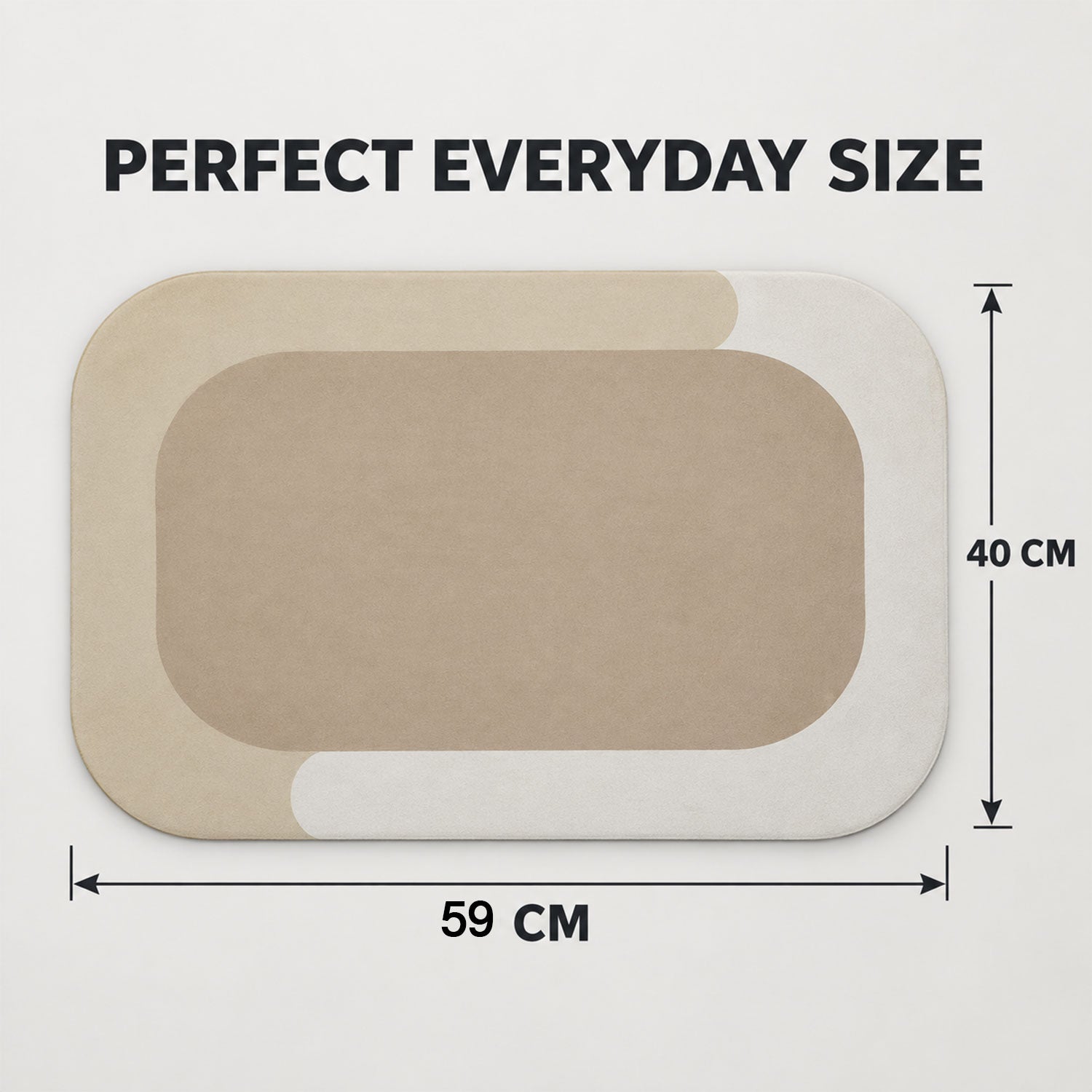 A rectangular bath mat with rounded corners, featuring a beige center and a light cream border, with dimensions of 59 cm in