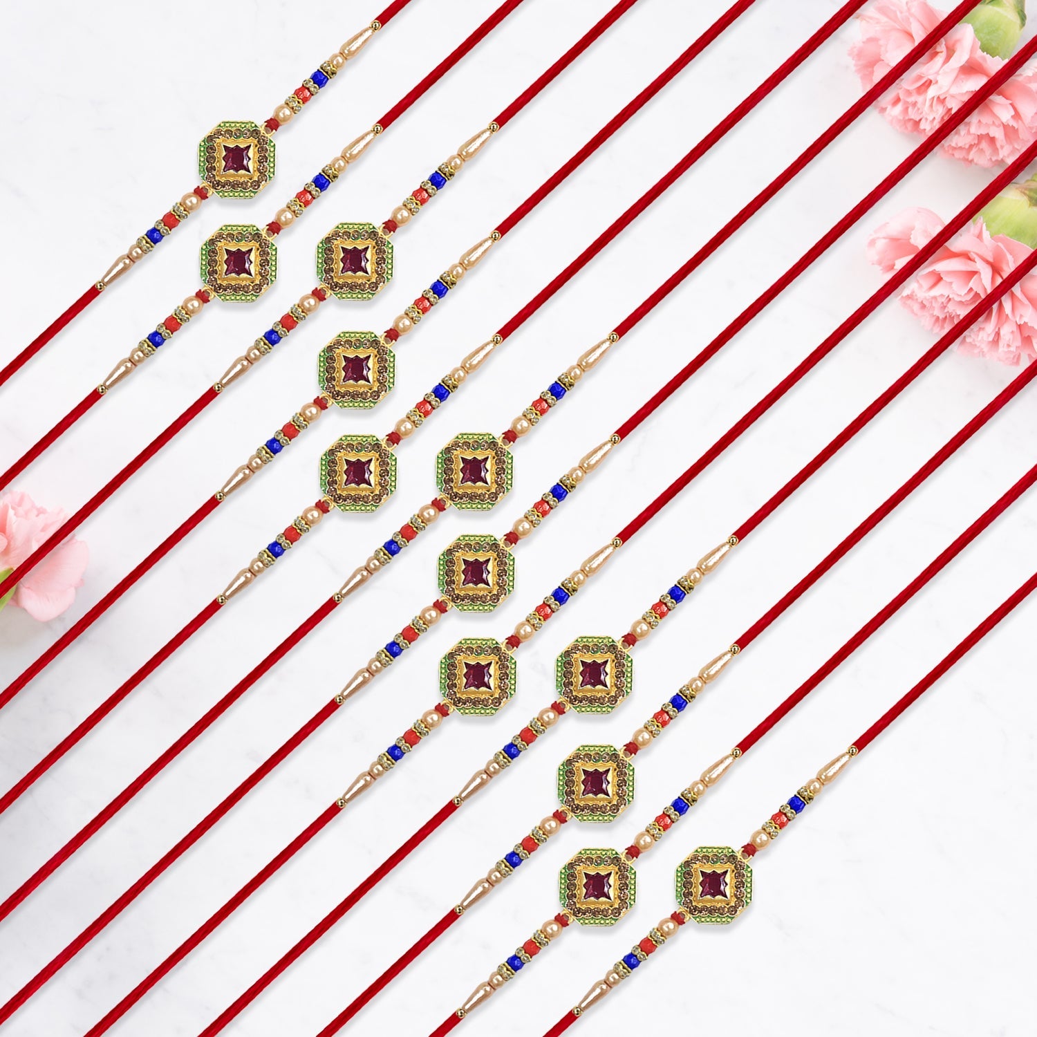 12 Pc Stone Rakhi Set with Red Center Dial, Pearl Beads & Multicolor Accents â€“ Elegant Raksha Bandhan Gift Box for Brothers